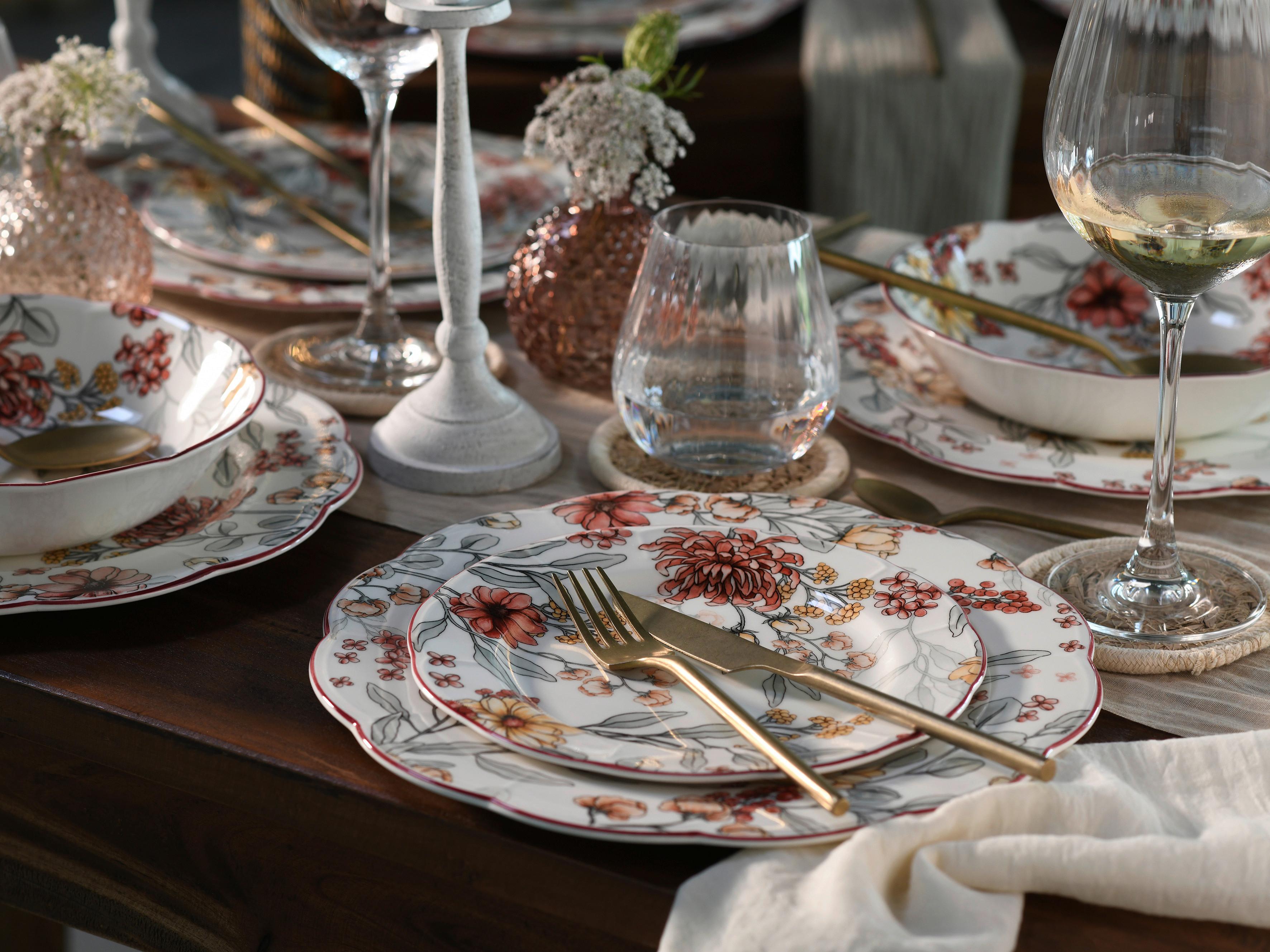 Tafelservice Fiore 12--Teilig., Weiß, Bordeaux - Bordeaux/Weiß, Basics, Keramik - Creatable