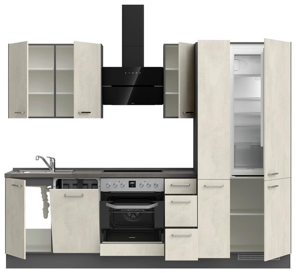 Kuchynská linka 270CM biely betón/ bridlicová šedá - biela/farba ušľachtilej ocele, Modern, kov/kompozitné drevo (270cm) - Nobilia