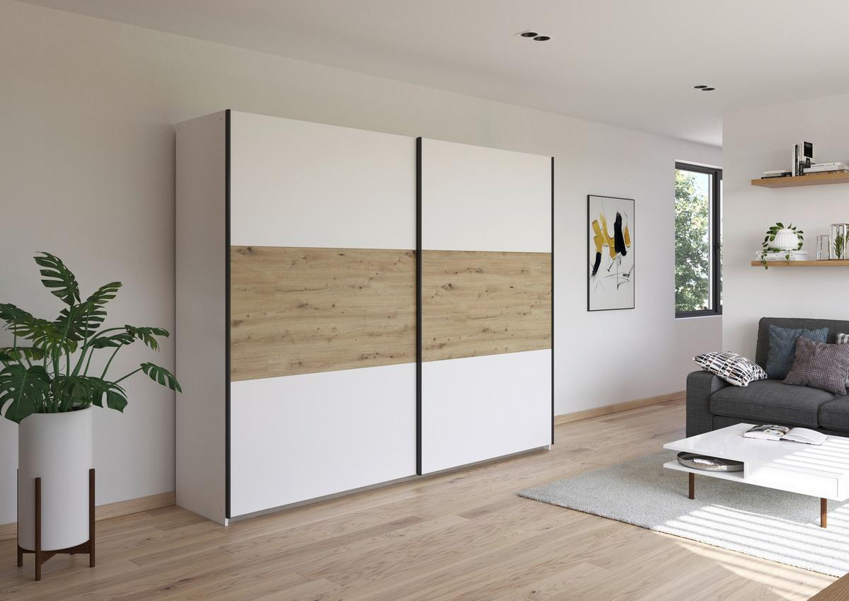 Schwebetürenschrank Neo Weiß Eiche Artisan Dekor - Weiß/Eiche Artisan, MODERN, Holzwerkstoff (261/210/59cm) - Rauch Möbel