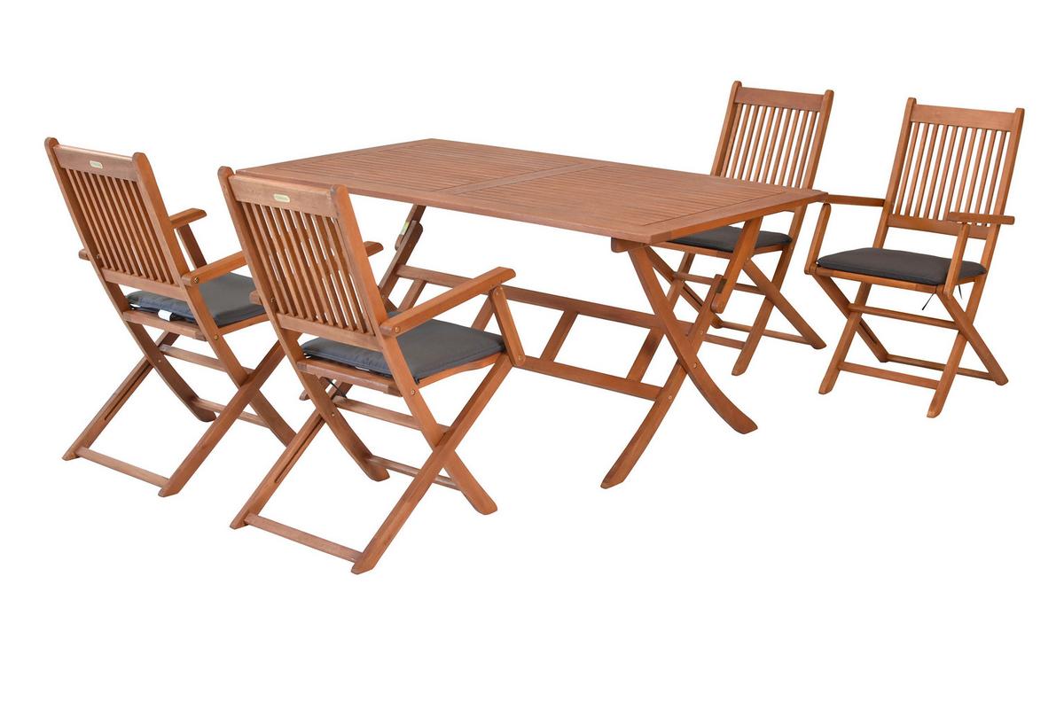 Gartentischgruppe Rio 9 -Teilig. Grau/Naturfarben - Eukalyptusholzfarben/Grau, KONVENTIONELL, Holz/Textil - Gardenson