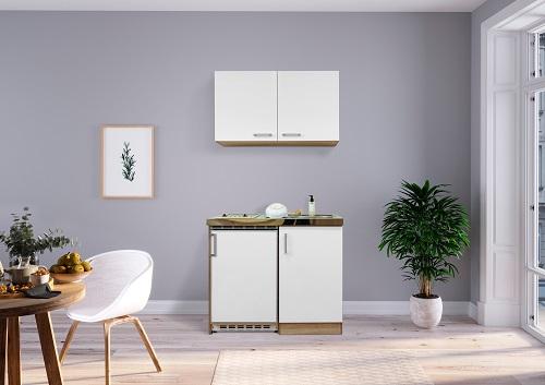 Miniküche mit Kühlschrank + Kochfeld 100 cm Weiß/Eiche - Edelstahlfarben/Eichefarben, MODERN, Holzwerkstoff/Metall (100cm) - Respekta