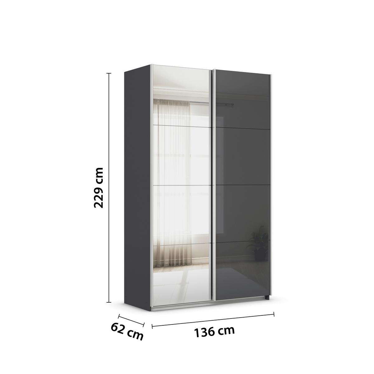 Tolóajtós Szekrény Feldkirch 136/229 Cm - ezüst/magasfényű antracit, Modern, faalapú anyag/Üveg (136/229/62cm)