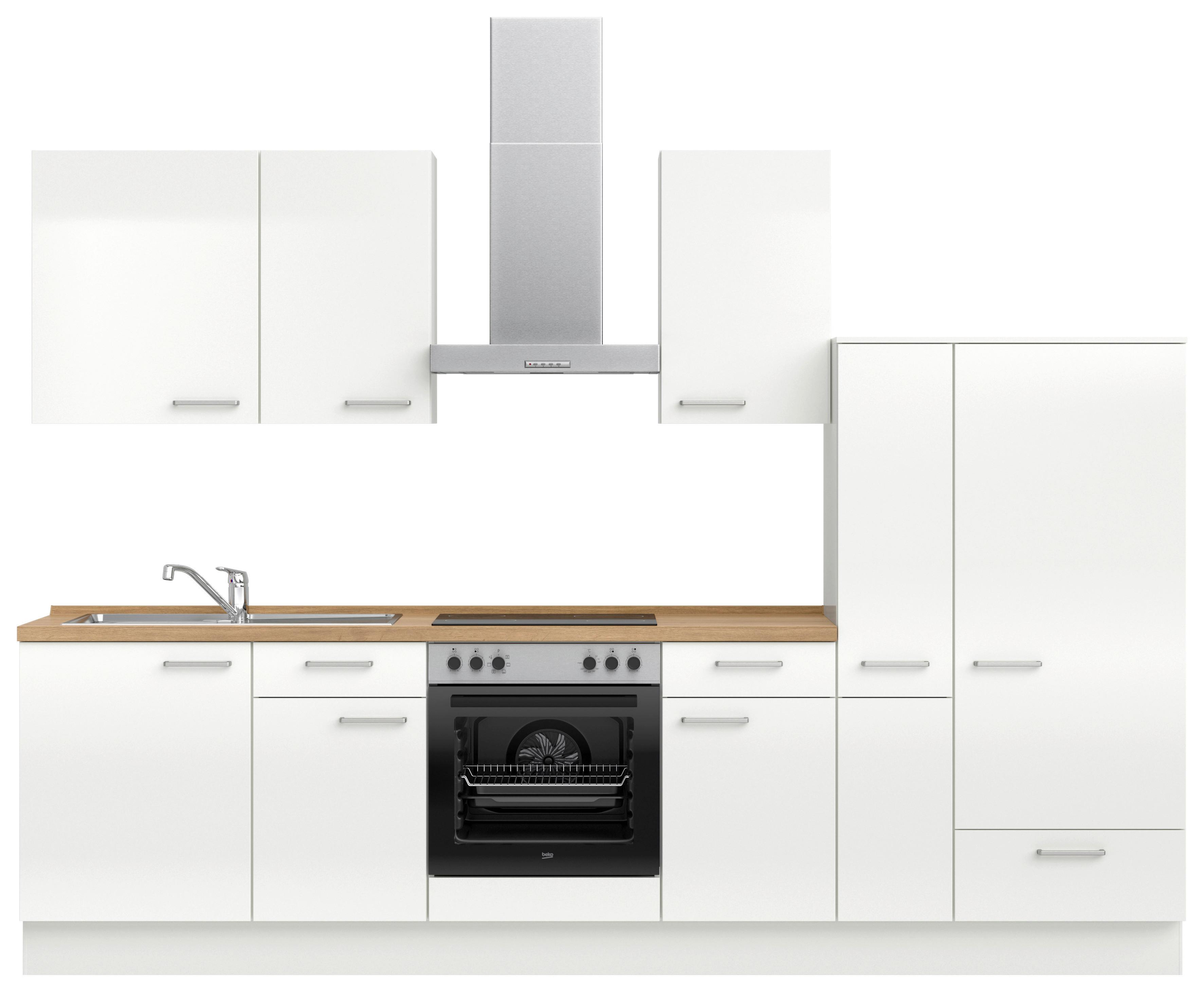 Kuchynská linka 300 cm, alpská bílá vysoký lesk - barvy dubu/vysoce lesklá bílá, Moderní, kov/kompozitní dřevo (300cm) - Nobilia