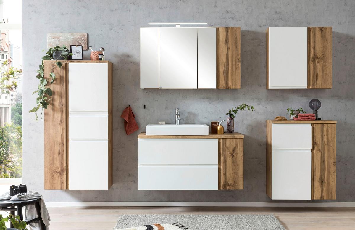 Waschbecken mit Unterschrank Varese B: 105 cm Weiß/Eiche - Eiche Wotan/Weiß, MODERN, Keramik/Holzwerkstoff (105cm) - Held