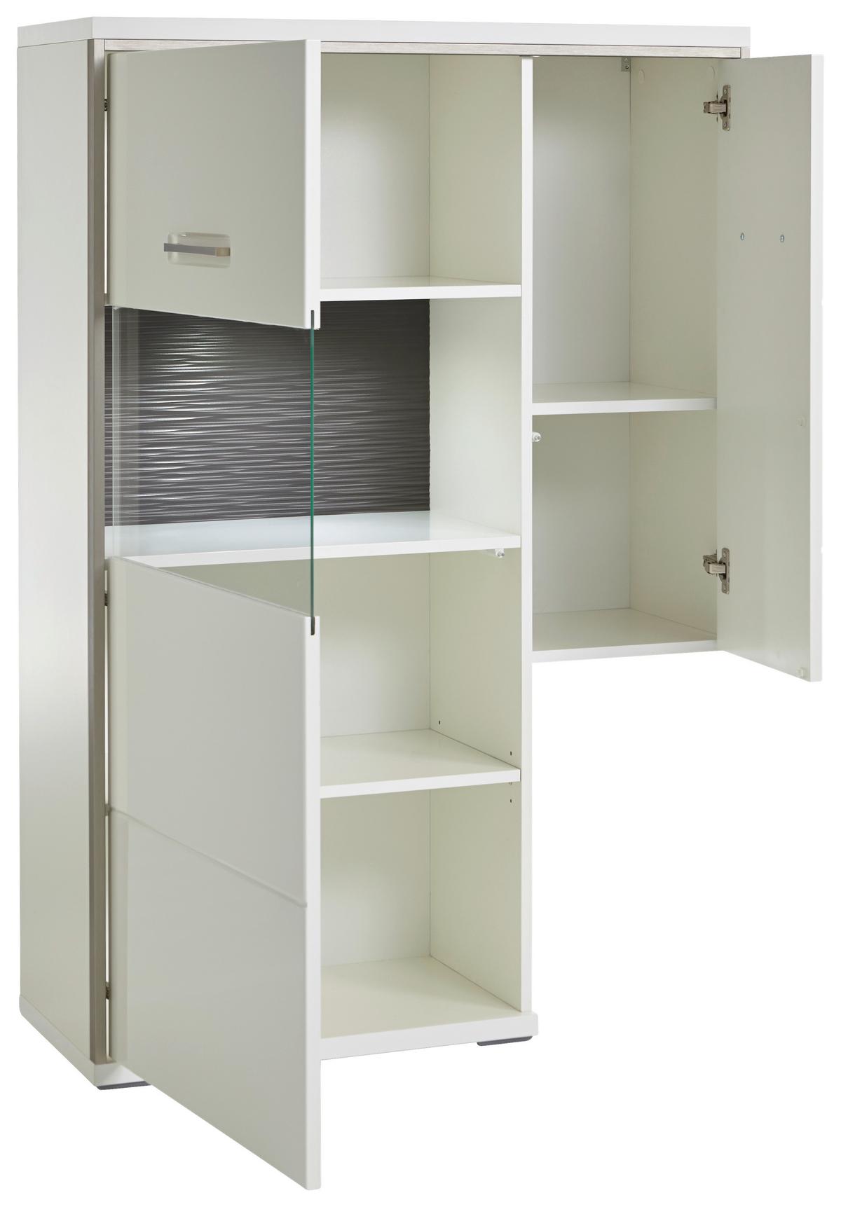 Highboard B: 94 cm Trento Grau/Silberfarben/Weiß - Weiß Hochglanz/Silberfarben, Design, Glas/Holzwerkstoff (94/137/38cm) - Livetastic