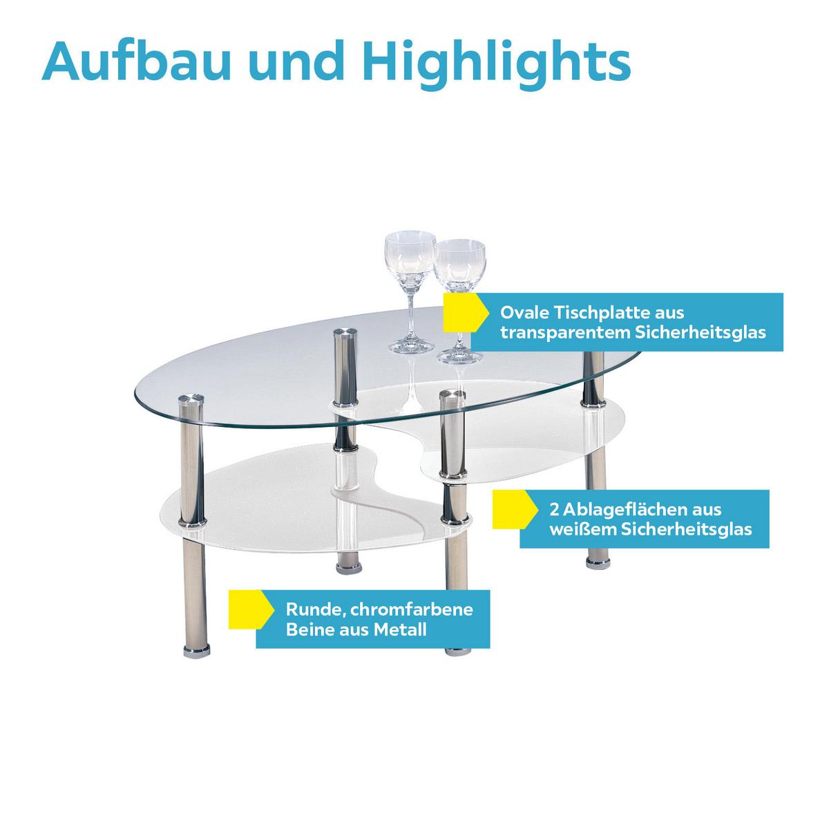 Couchtisch Glas Oval Mit Ablageflächen Saba, Weiß - MODERN, Glas (90/45/55cm)