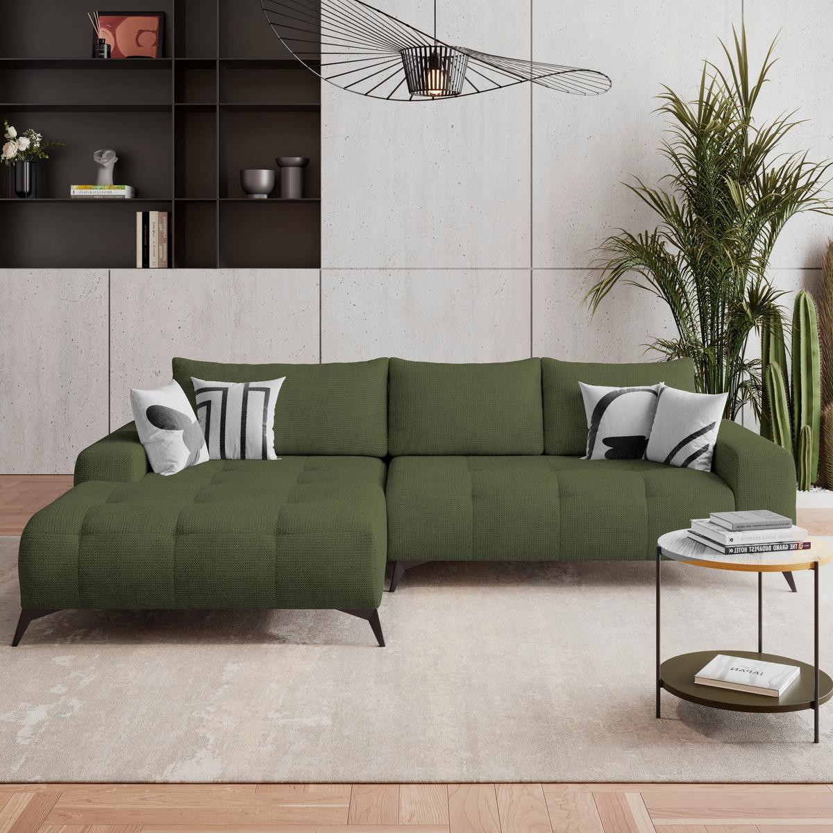 Ecksofa Mauro Moosgrün, Mit Schlaffunktion - Waldgrün/Schwarz, Trend, Textil (175/290cm) - Luca Bessoni