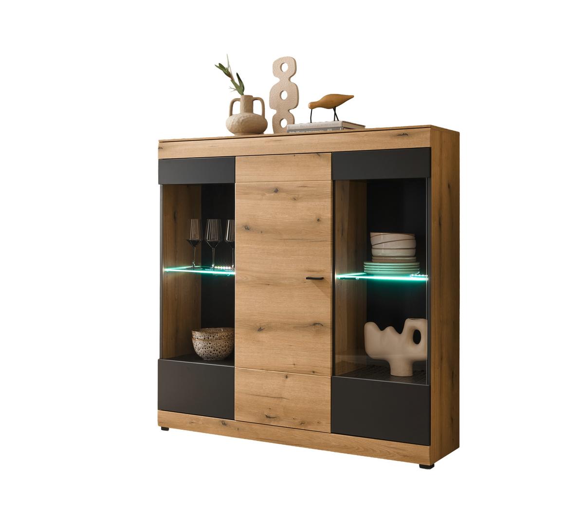 Highboard Soleto Graphit-/Eichefarben B: 140cm - Eichefarben/Schwarz, Design, Glas/Holzwerkstoff (140/141/35cm) - MID.YOU