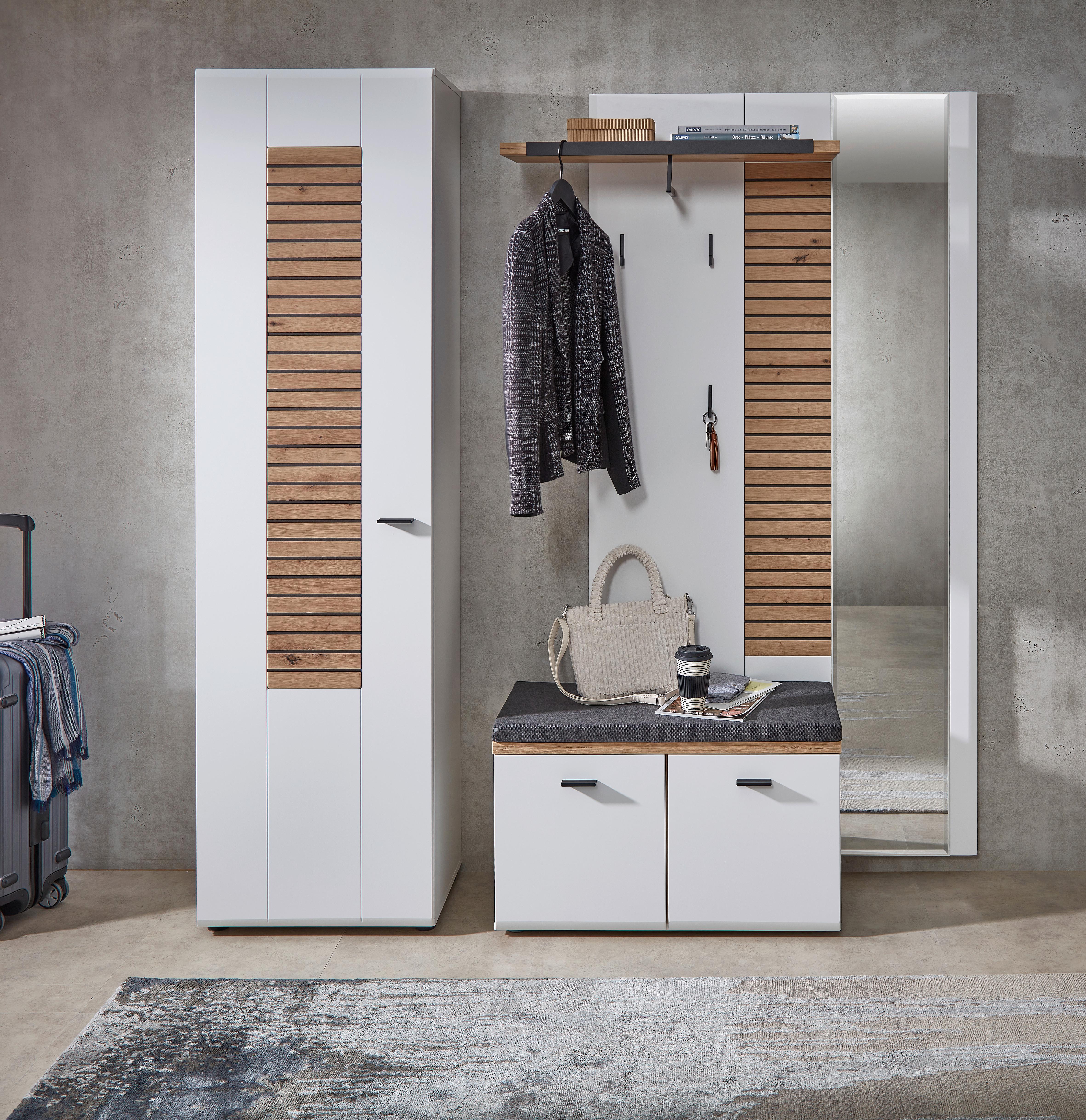 Garderobenpaneel Fresno Weiß/Eiche Artisan, B: 117cm - Schwarz/Weiß, Design, Glas/Holzwerkstoff (117/193/34cm) - Livetastic