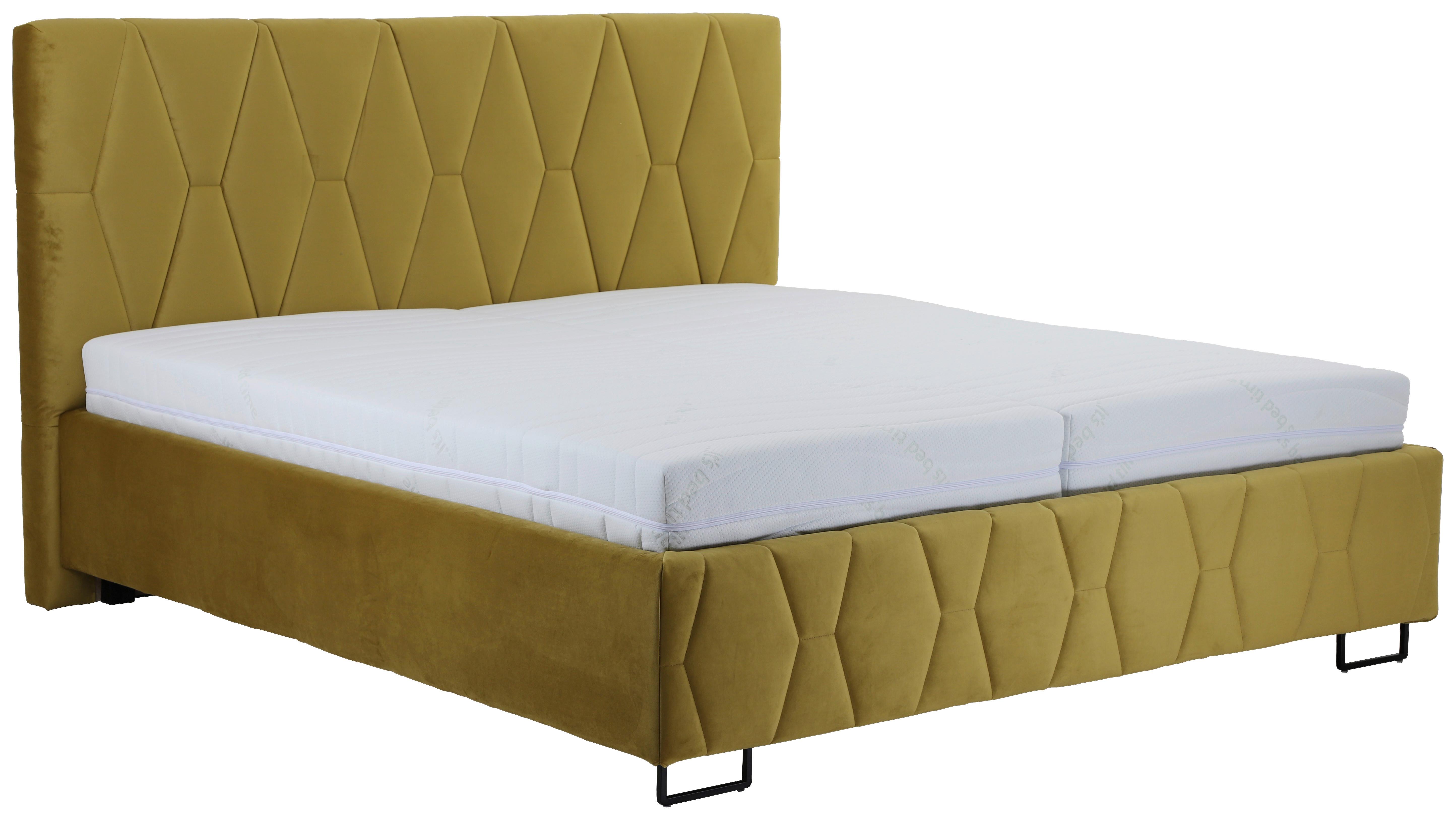 Čalouněná postel ATESSA 180x200 cm, kari žlutá - curry žlutá/přírodní barvy, Moderní, dřevo/textil (180/200cm)