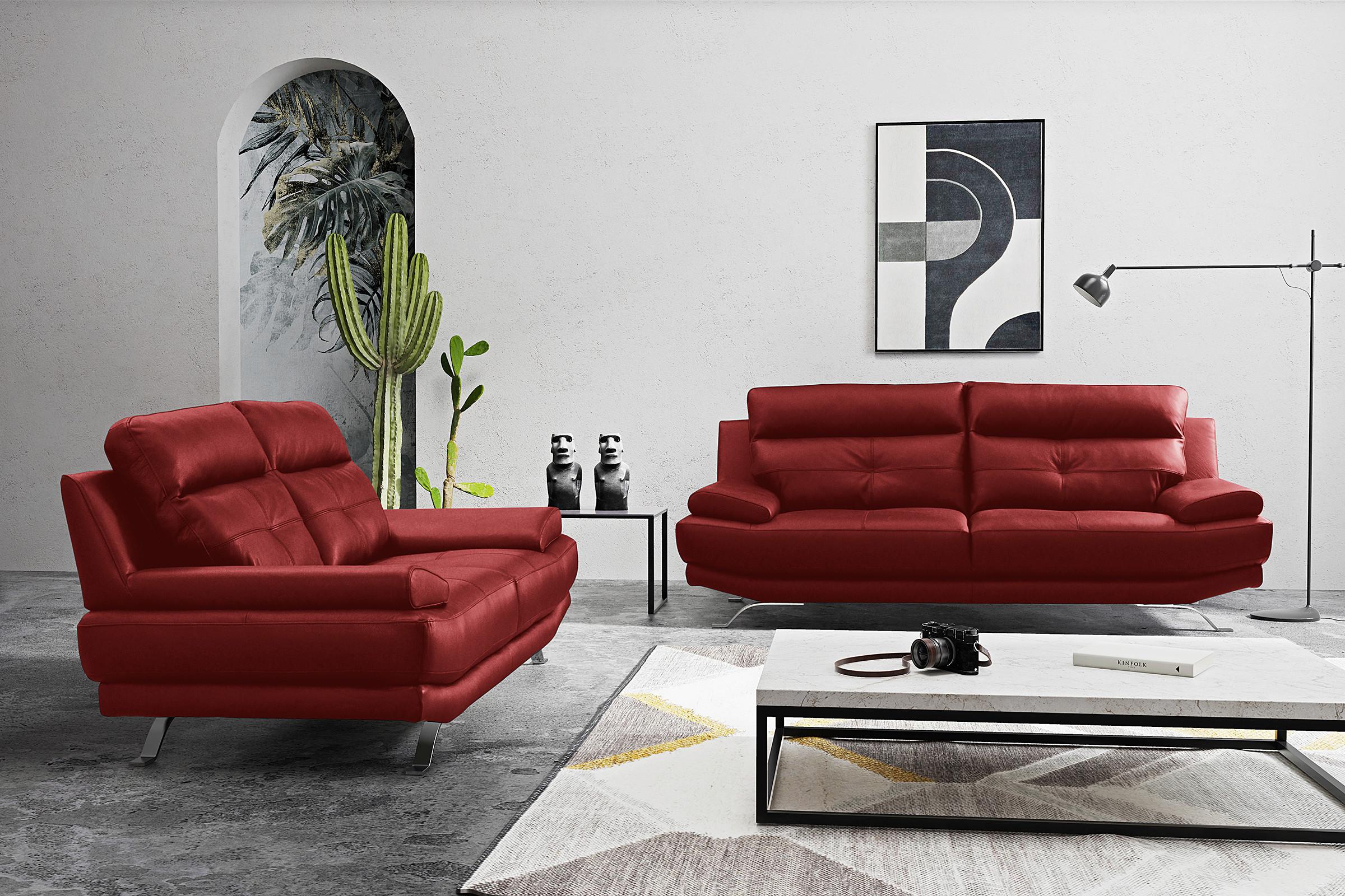 3-Sitzer-Sofa Derby Echtleder rot B: 225 cm - Chromfarben/Rot, Design, Leder (225/92/99cm) - Livetastic