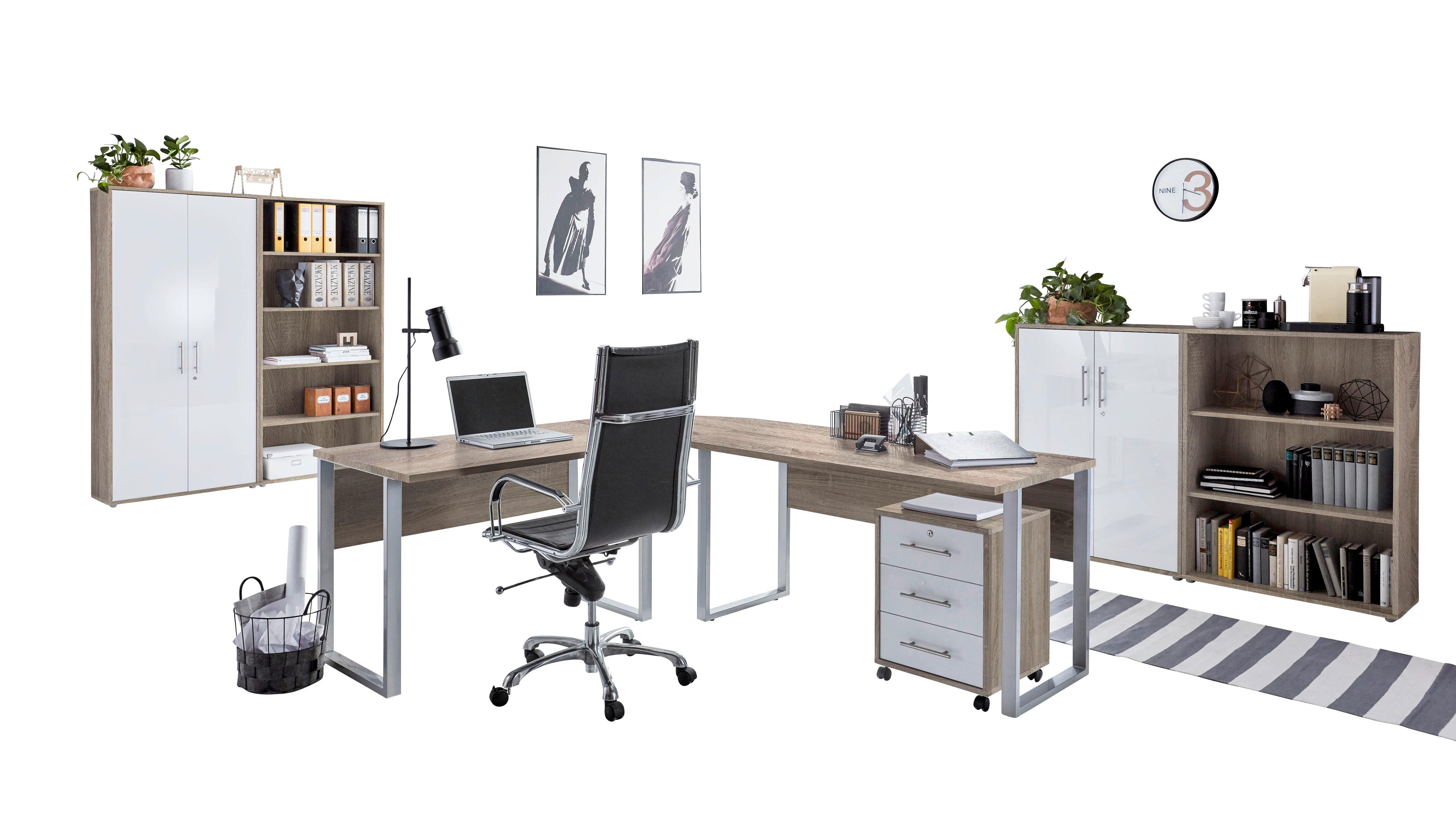 Büro Office Edition Set Sonoma Eiche Dekor/weiß - Weiß Hochglanz/Sonoma Eiche, MODERN, Holzwerkstoff - MID.YOU