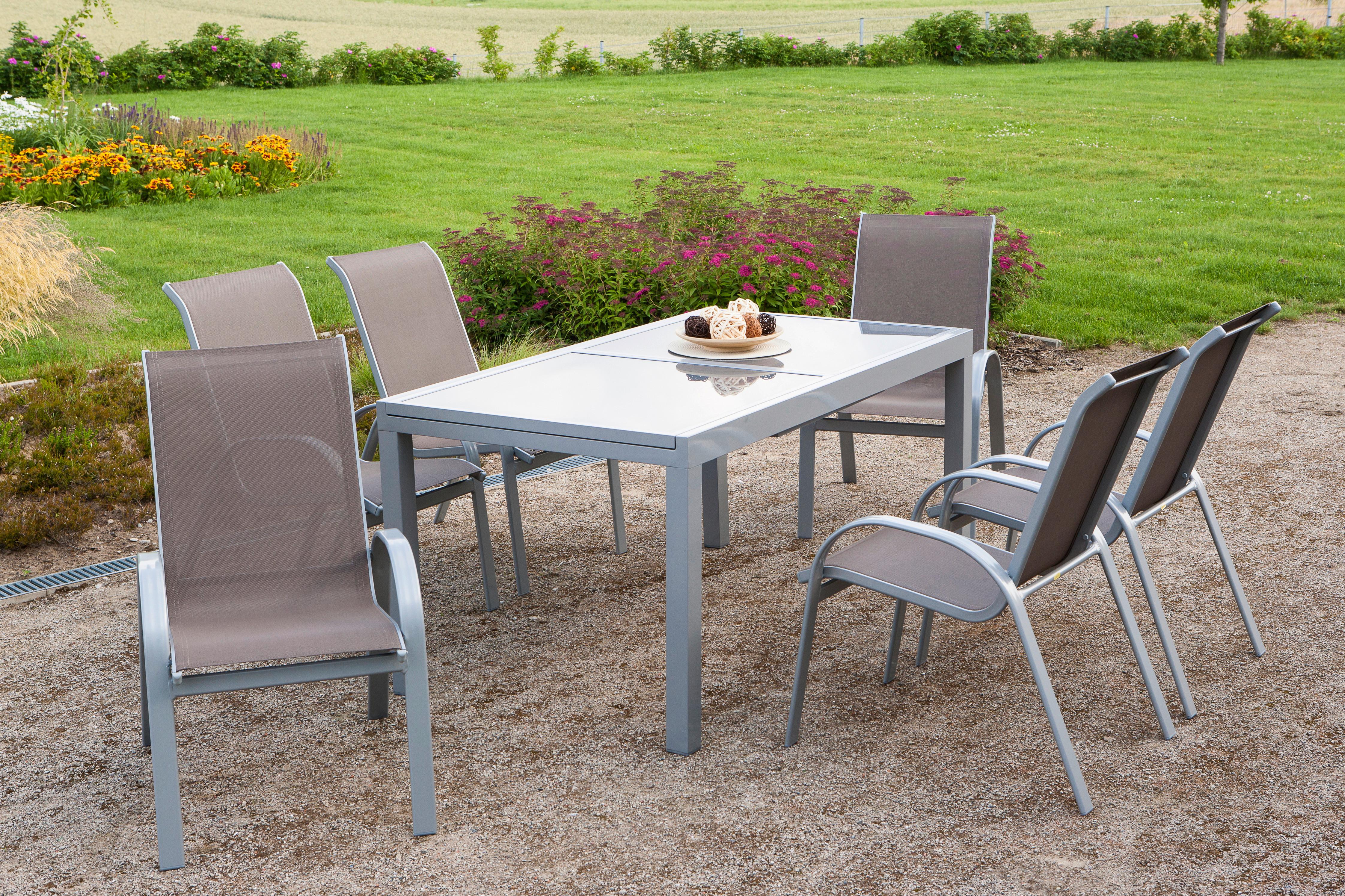 Gartengarnitur Amalfi 7-Teilig Metall/Textil/Glas - Taupe/Silberfarben, ROMANTIK / LANDHAUS, Glas/Textil - Gardenson