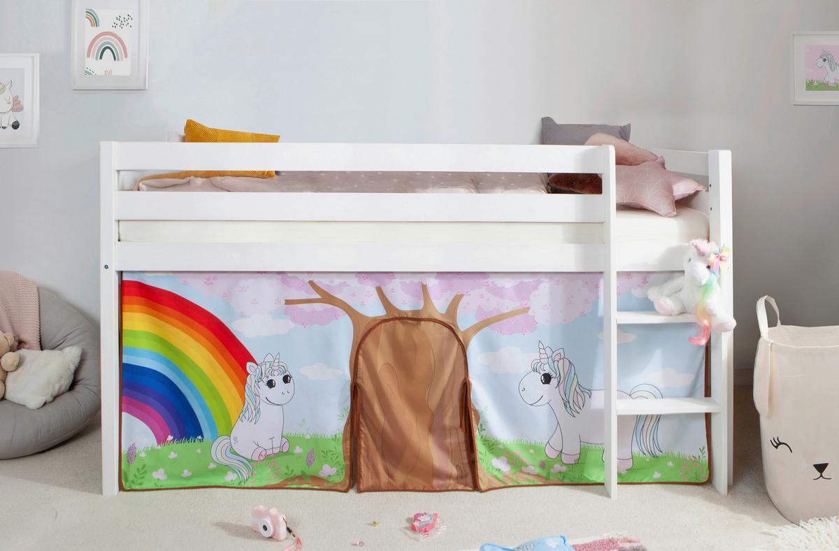 Hochbett Malte Weiß inkl. Rollrost, Matratze, 90x200 cm - Weiß/Naturfarben, Natur, Holz/Textil (90/200cm) - MID.YOU