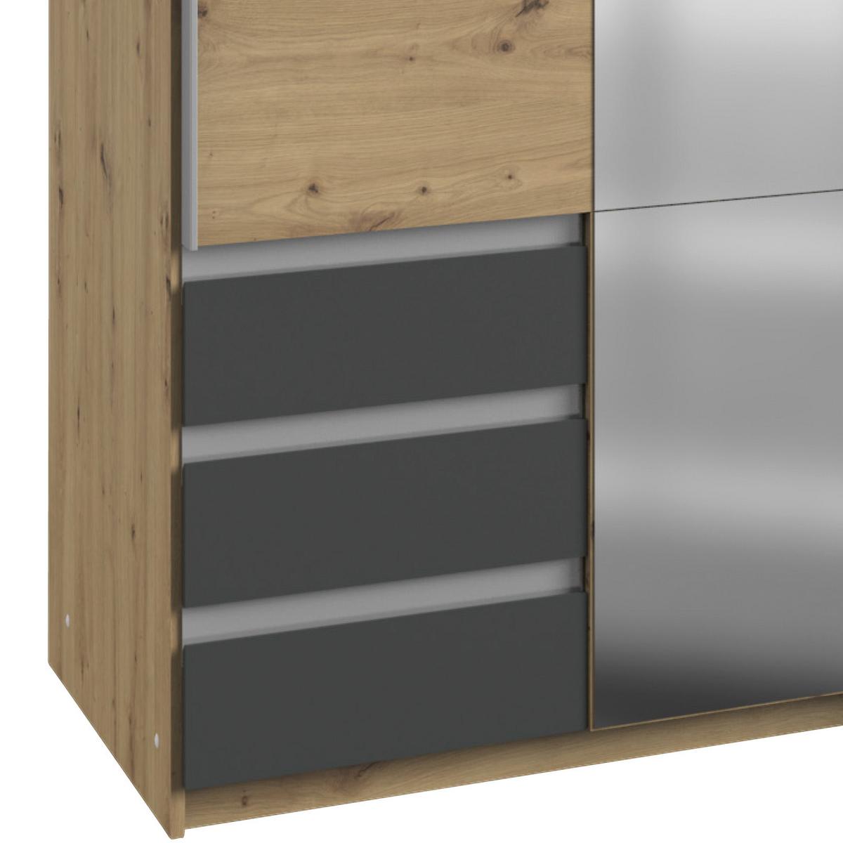 Schwebetürenschrank Mit Glas + Laden 179cm Aurich, Graphit - Eichefarben/Graphitfarben, Basics, Holzwerkstoff (179/198/64cm) - Livetastic