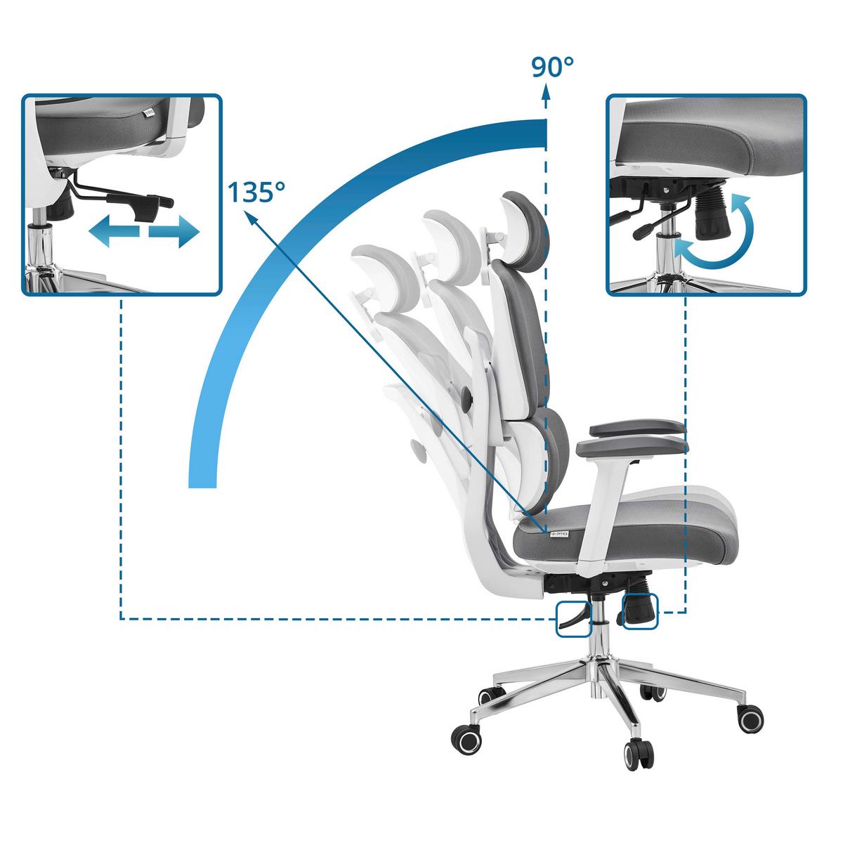 DREHSTUHL Ergomy Grau B: 68cm - Silberfarben/Weiß, MODERN, Kunststoff/Textil (68/132/67cm) - MID.YOU