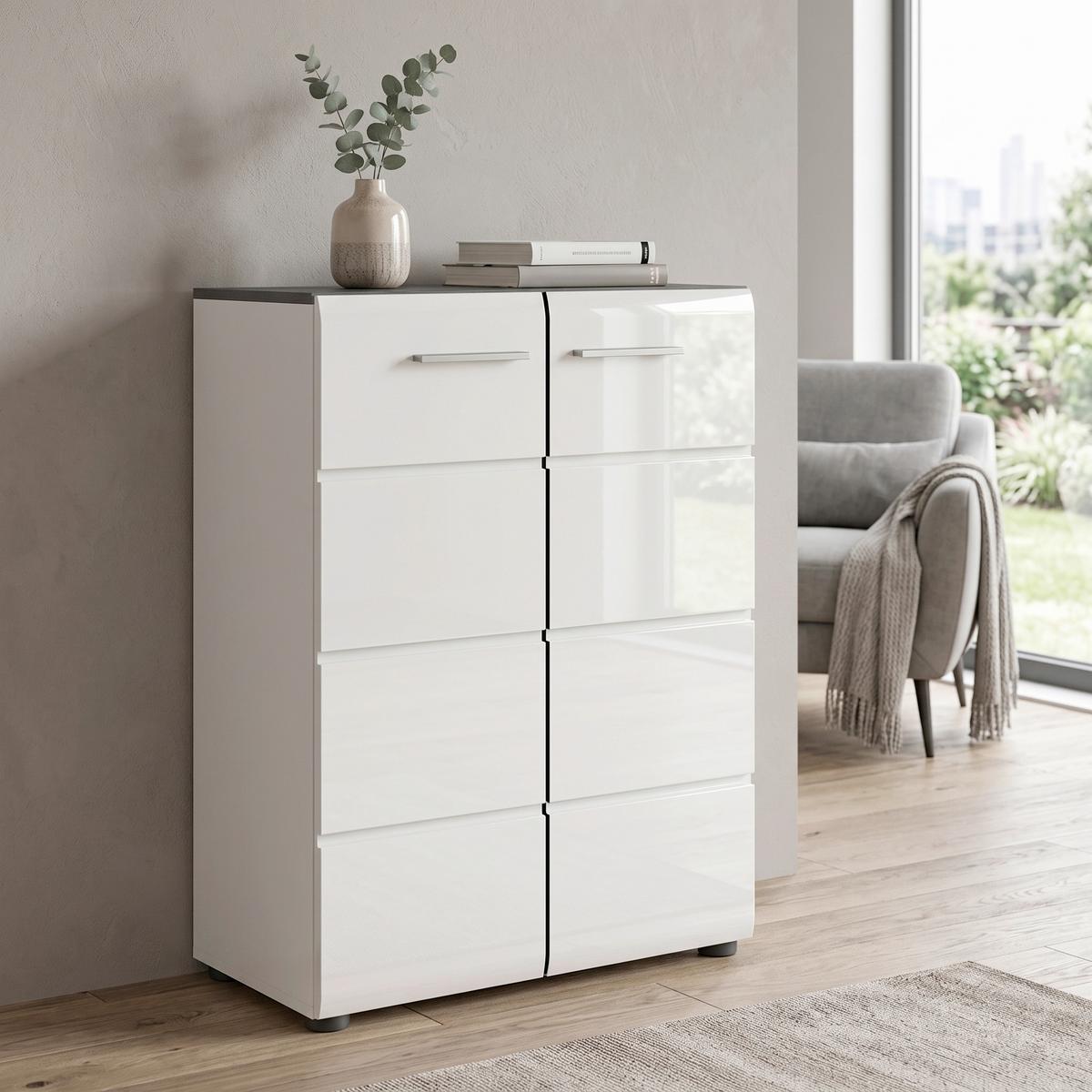 Komoda, lesklá biela, š: 60 cm - biela s vysokým leskom/strieborná, Design, kompozitné drevo/plast (60/85/37cm) - MID.YOU