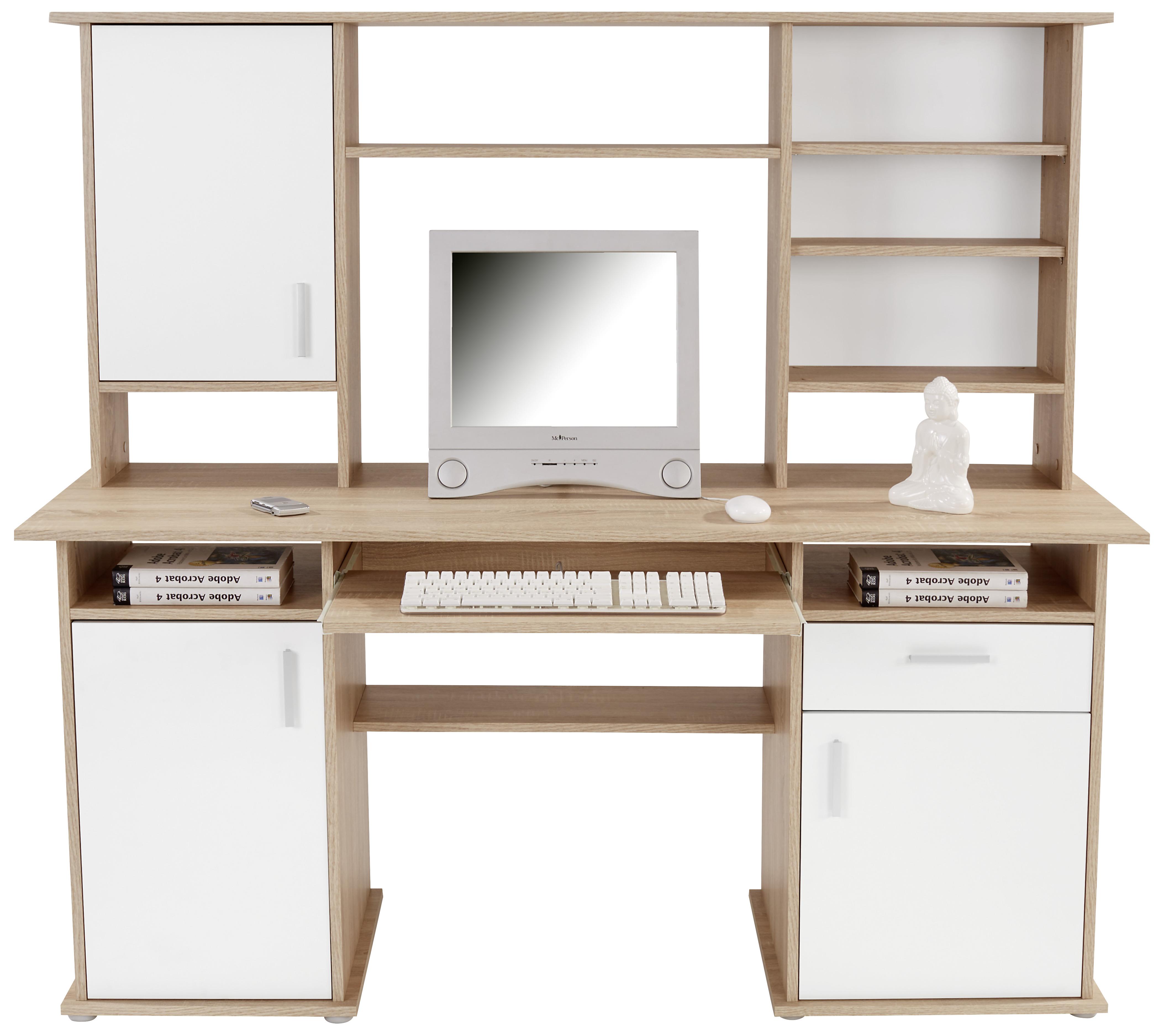 Schreibtisch mit Stauraum + Tastaturauszug B 160cm Thema2 - Weiß/Sonoma Eiche, MODERN, Holzwerkstoff/Kunststoff (160/153,4cm)