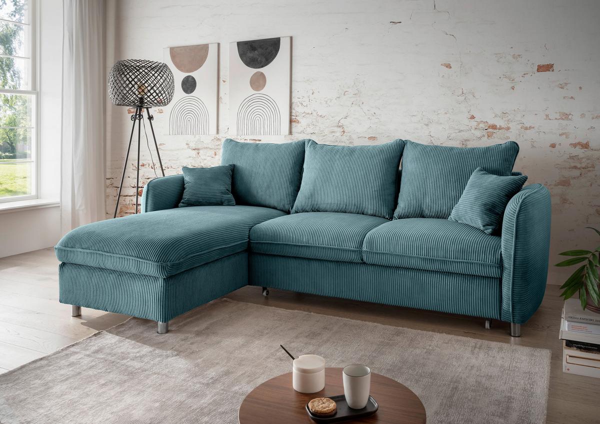 Eckschlafsofa Lauritio Petrol S: 254x160 cm - Chromfarben/Petrol, MODERN, Textil (254/160cm) - Livetastic