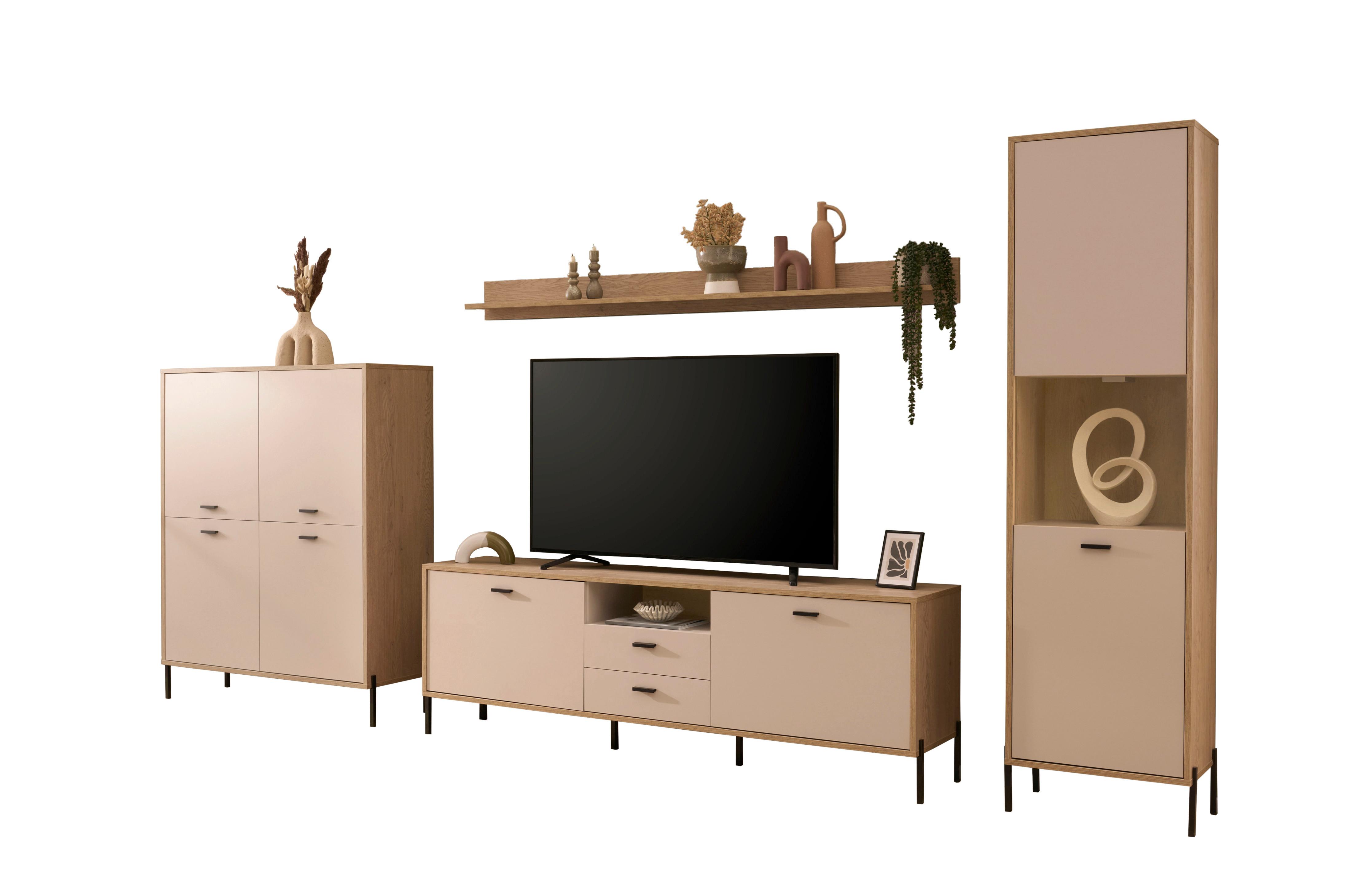 Wohnwand Fredericia Kaschmir/Eichefarben B: 384 cm - Kaschmir/Eichefarben, Design, Holzwerkstoff (384/206/40cm) - MID.YOU