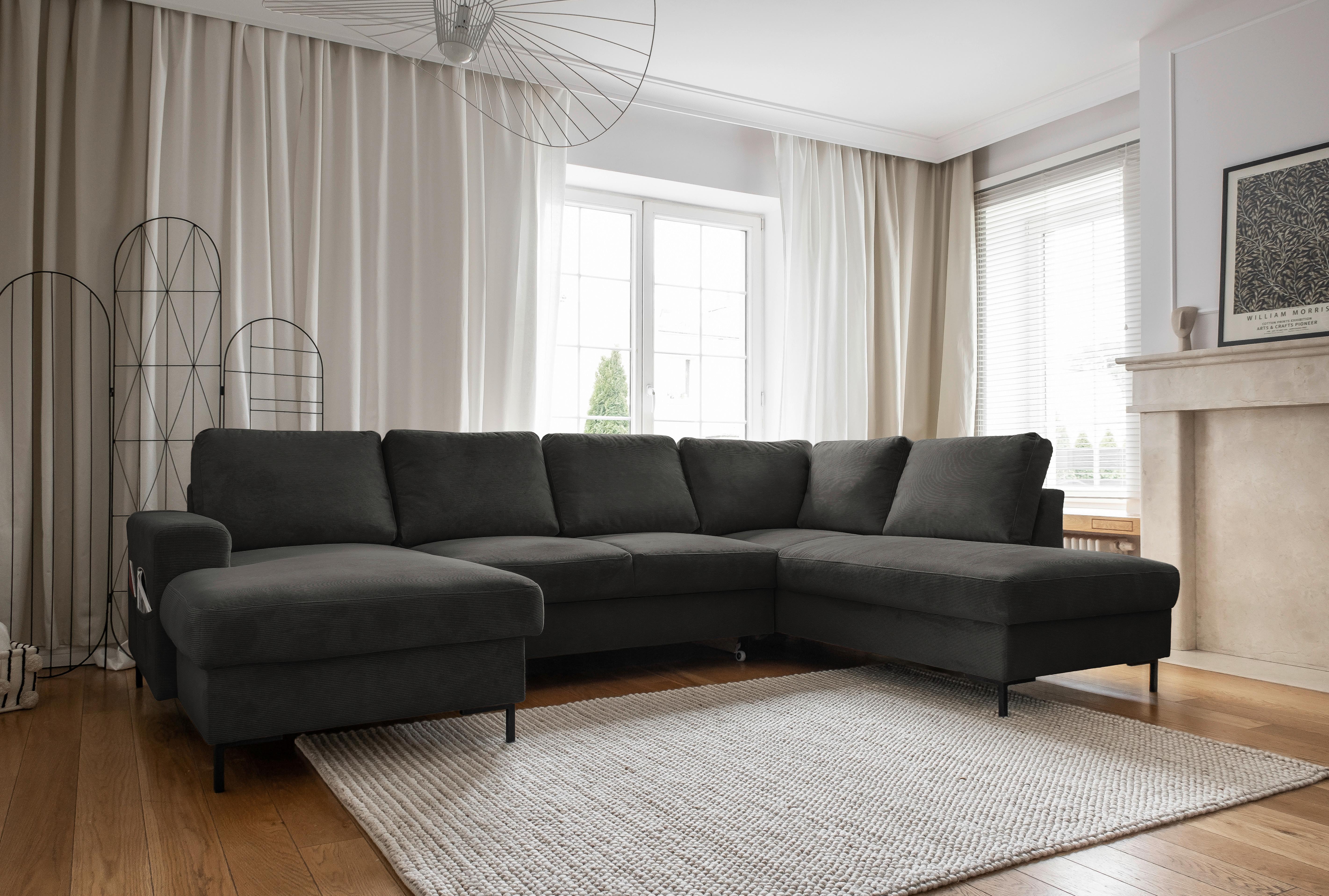 Sedačka LEONIE U, pravá, šedý manšestr - šedá/černá, Design, kov/dřevo (148/303/197cm)
