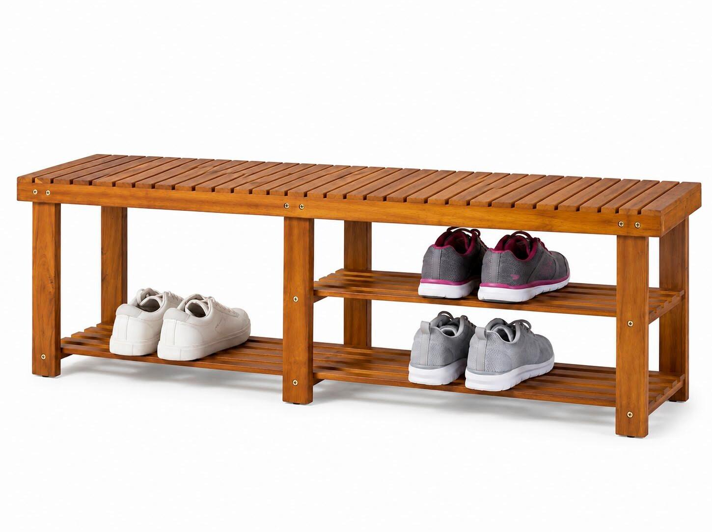 Schuhregal mit Sitzbank 2 Etagen - Akaziefarben, Basics, Holz (33/46/87cm)