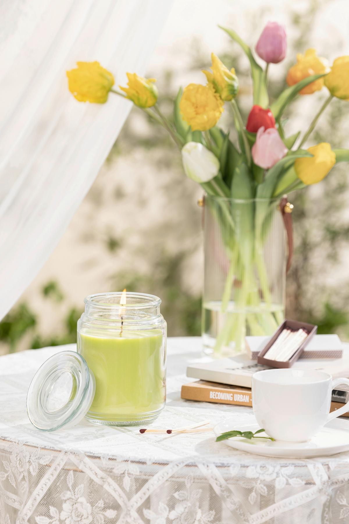 Kerze Im Glas Mit Deckel Leonie - Blau/Klar, KONVENTIONELL, Glas/Naturmaterialien (9.5/14cm) - Ondega