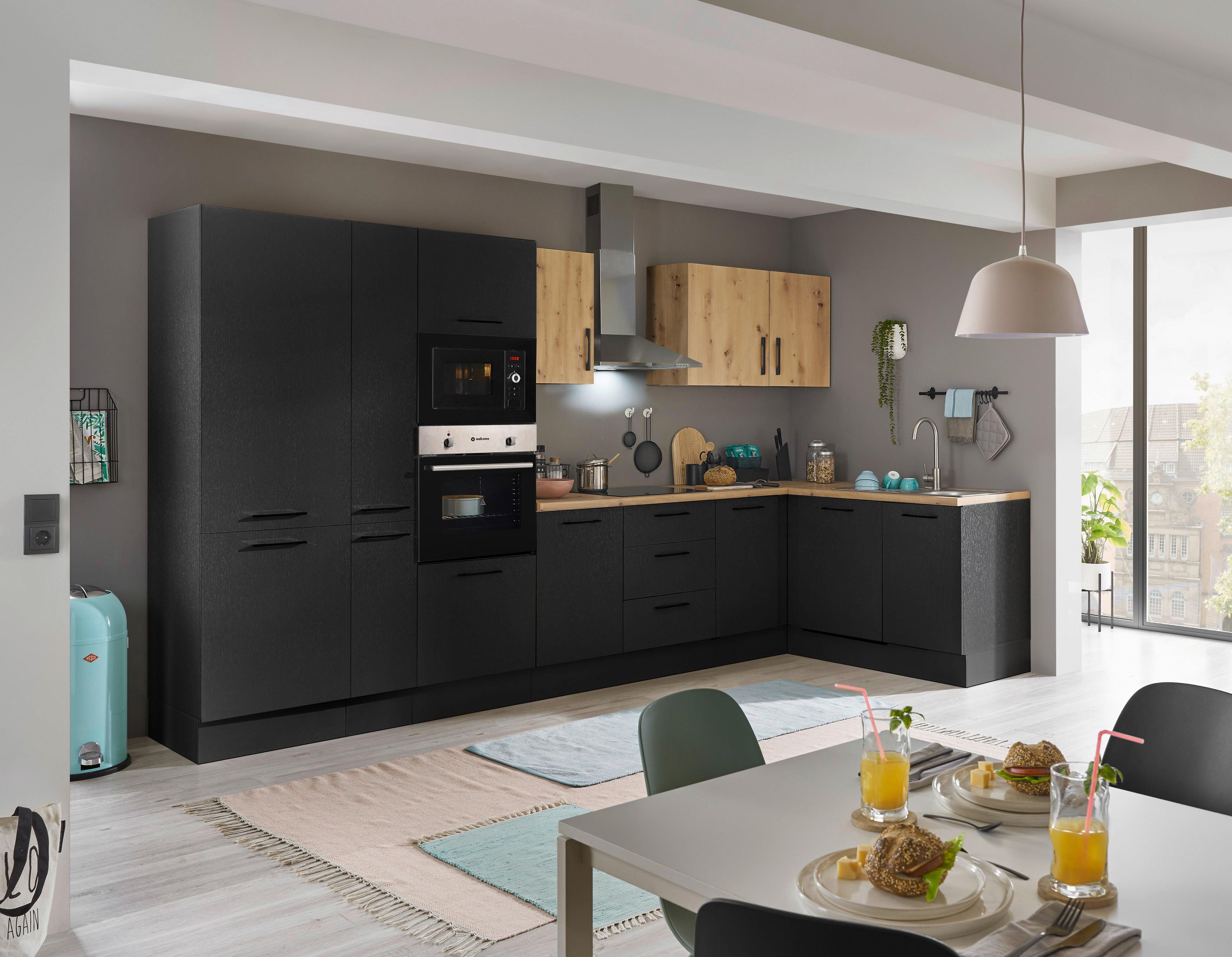 Eckküche Turin Schwarz/Eiche Dekor 370x175 cm - Schwarz/Eiche Artisan, Basics, Holzwerkstoff (370/175cm) - MID.YOU