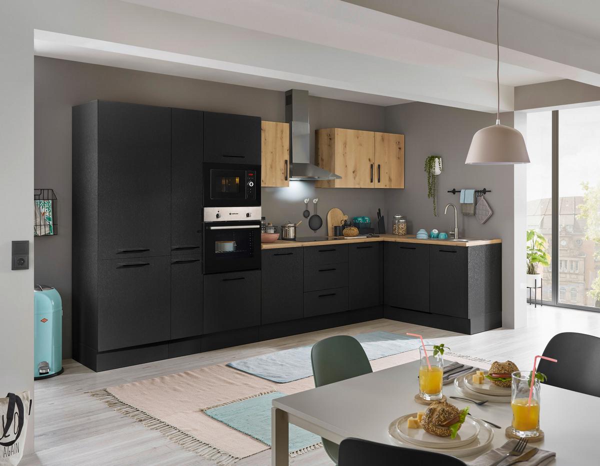 Eckküche Turin Schwarz/Eiche Dekor 370x175 cm - Schwarz/Eiche Artisan, Basics, Holzwerkstoff (370/175cm) - MID.YOU