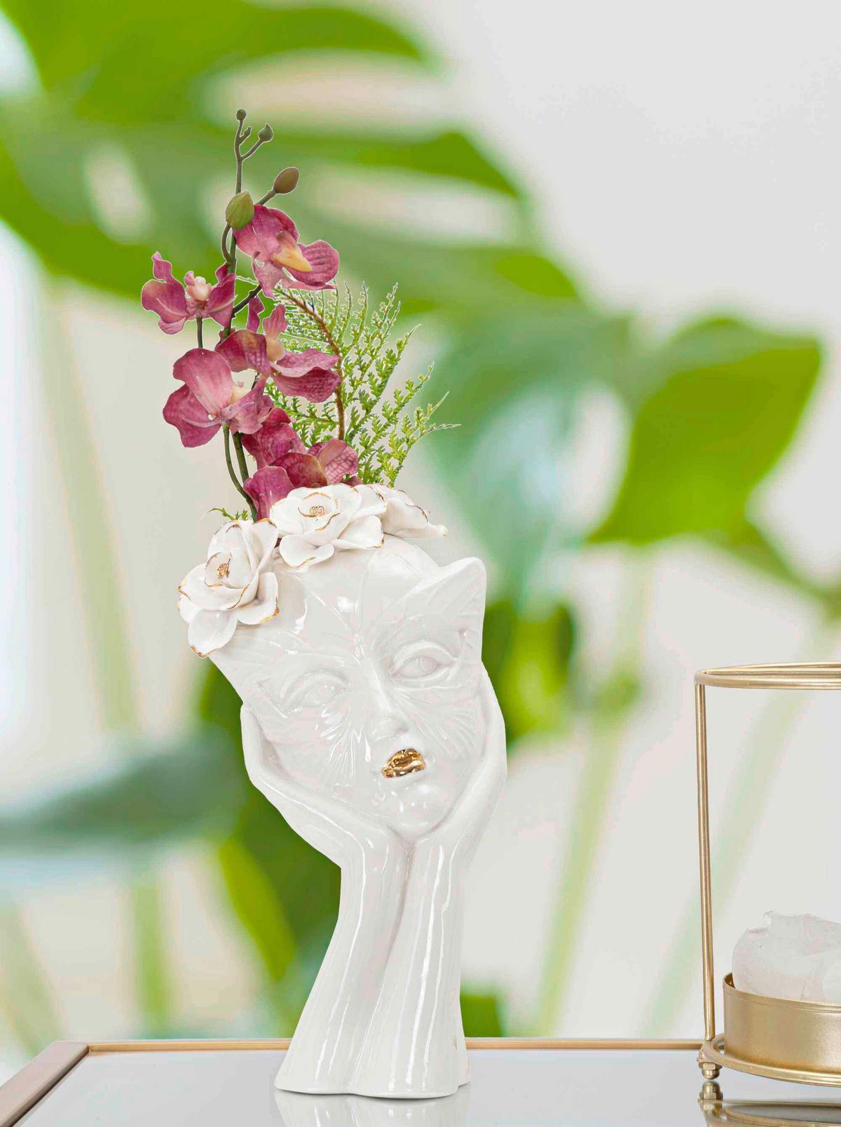 Vase Woman Mask Weiß, Goldfarben B: 16,5 Cm - Goldfarben/Weiß, Basics, Keramik (16,5/27,3/14cm)