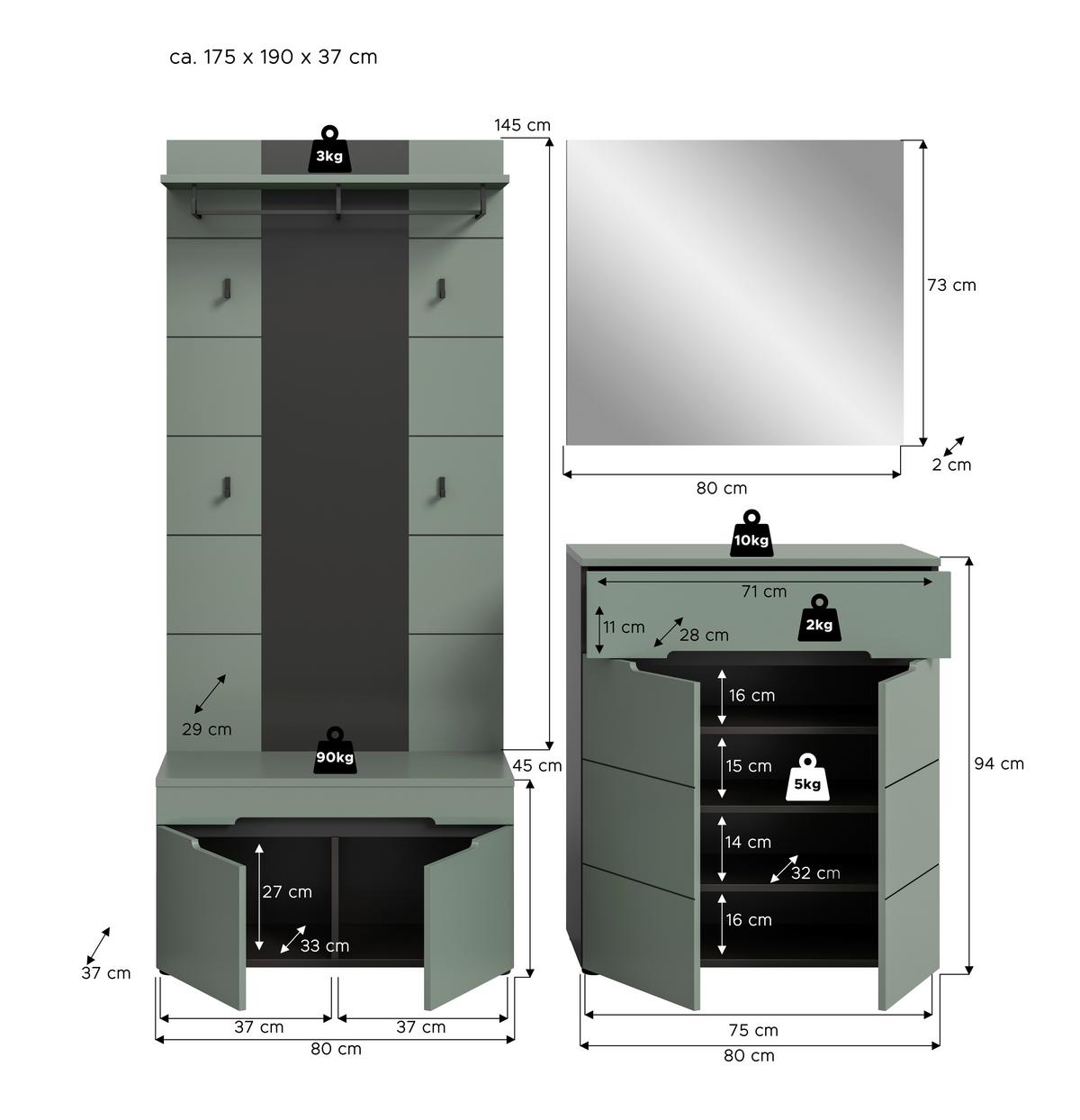 Garderobe Canu 4-teilig Grau/grün B: 175 Cm - Design, Holzwerkstoff (175/190/37cm) - Livetastic
