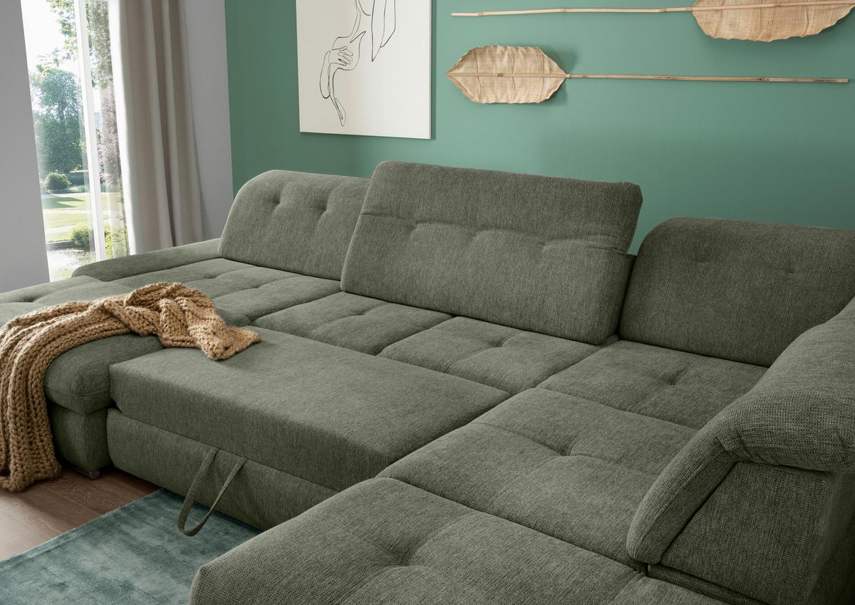 Wohnlandschaft Dalida Dunkelgrün U: 195x376x254 Cm - Chromfarben/Dunkelgrün, Design, Textil (195/376/254cm) - Livetastic