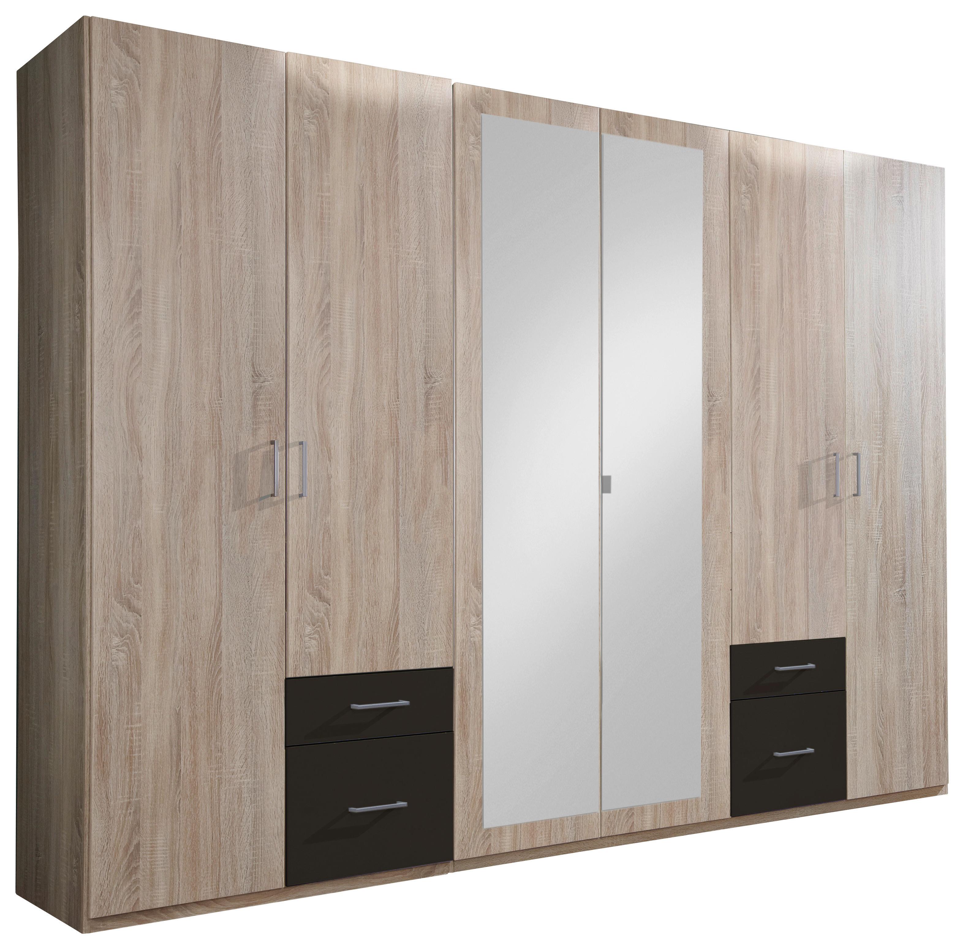 Drehtürenschrank mit Spiegel + Laden 270cm Fly, Eiche Dekor - Eichefarben/Graphitfarben, Design, Glas/Holzwerkstoff (270/210/58cm) - MID.YOU