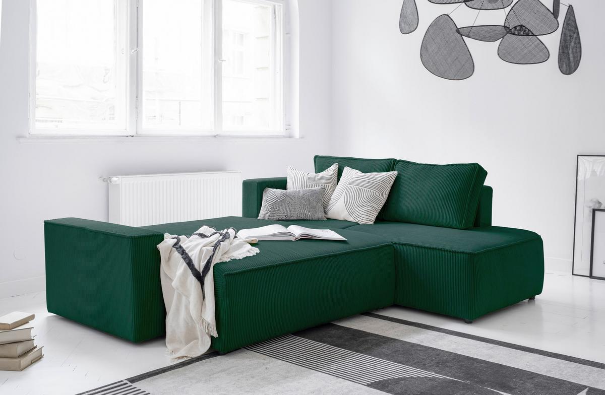 Sedačka OLIVER, pravá, tmavozelená farba - čierna/tmavozelená, Design, textil/plast (247/194cm) - MID.YOU
