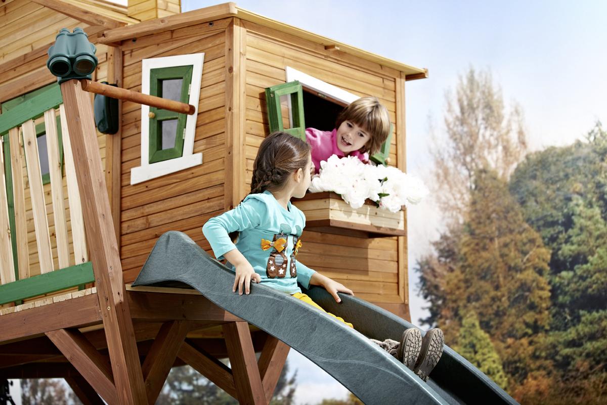 Spielhaus Holz Mit Rutsche Und Kletterwand Braun Grün Max - Braun/Naturfarben, KONVENTIONELL, Holz (435/291/180cm) - Ambia Garden