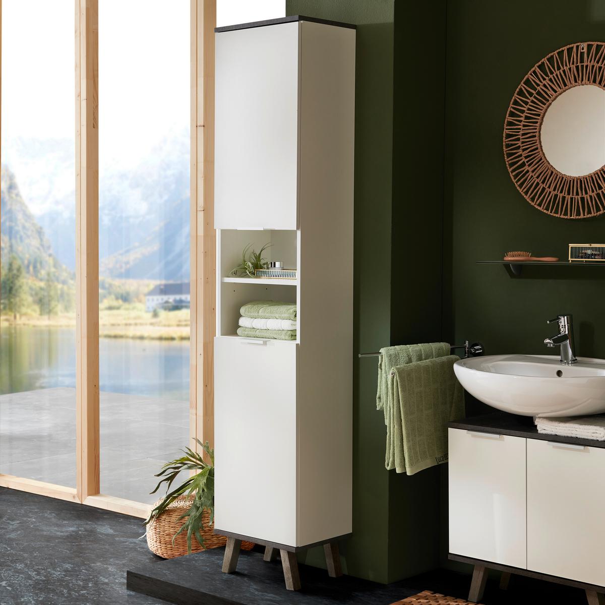 Hochschrank M. Echtholzfüßen Turin B: 40 Cm Weiß/beton - Weiß/Grau, MODERN, Holzwerkstoff (40/195/30cm)