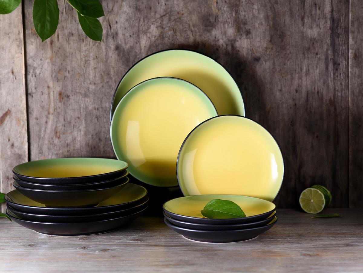 Tafelservice Hot Green, Keramik, 12-Tlg. - Hellgelb/Schwarz, Basics, Keramik - Creatable