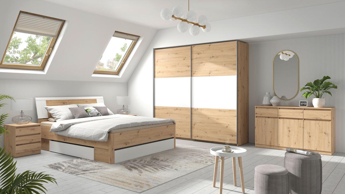 Schwebetürenschrank 218 cm Saturn Weiß Dekor - Eichefarben/Weiß, KONVENTIONELL, Holzwerkstoff (218/210/59cm)