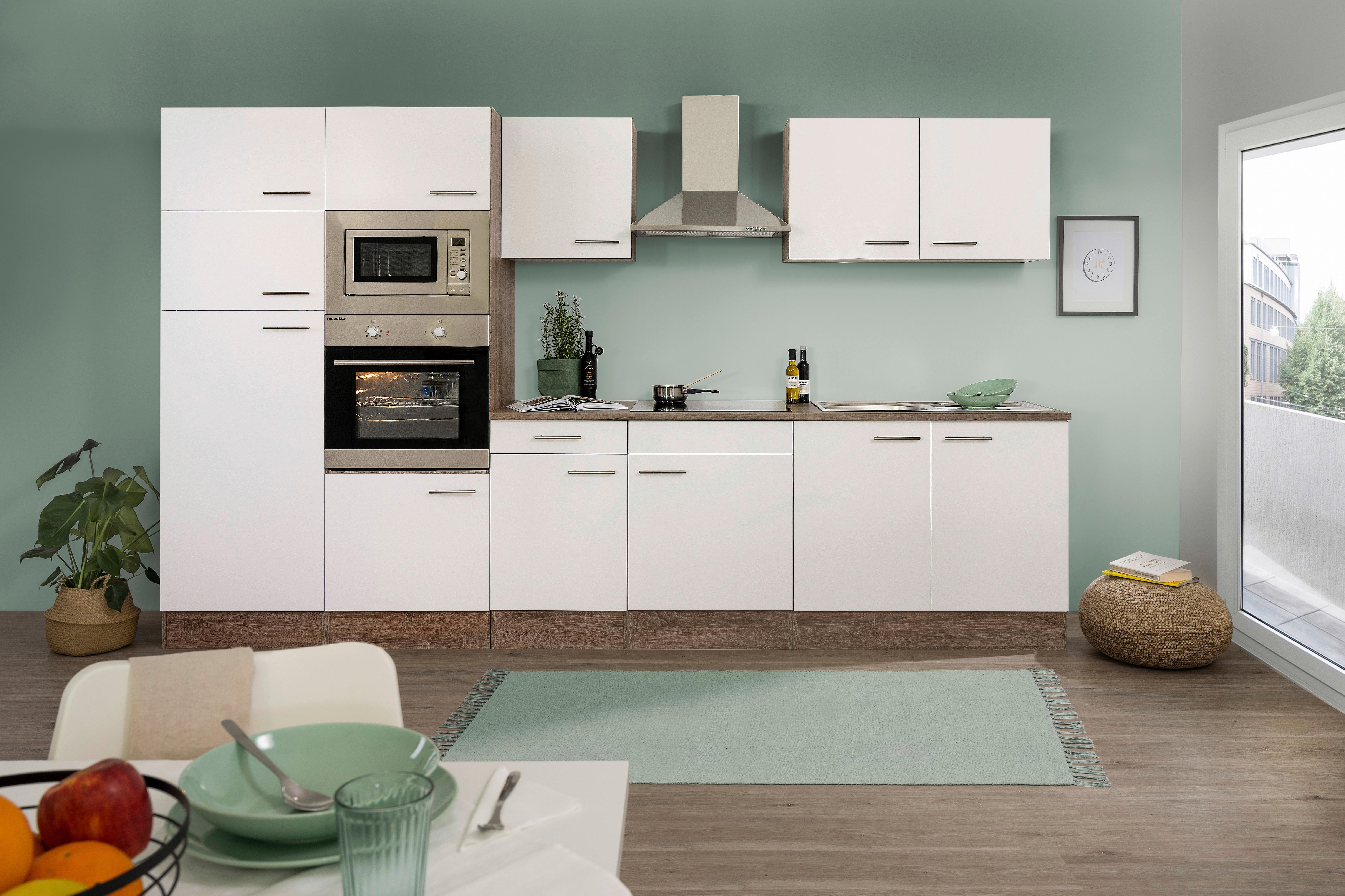Küchenzeile ohne Geräte B: 330 cm Weiß/Eiche Dekor, modern - Eichefarben/Weiß, Basics, Holzwerkstoff (330cm) - Respekta