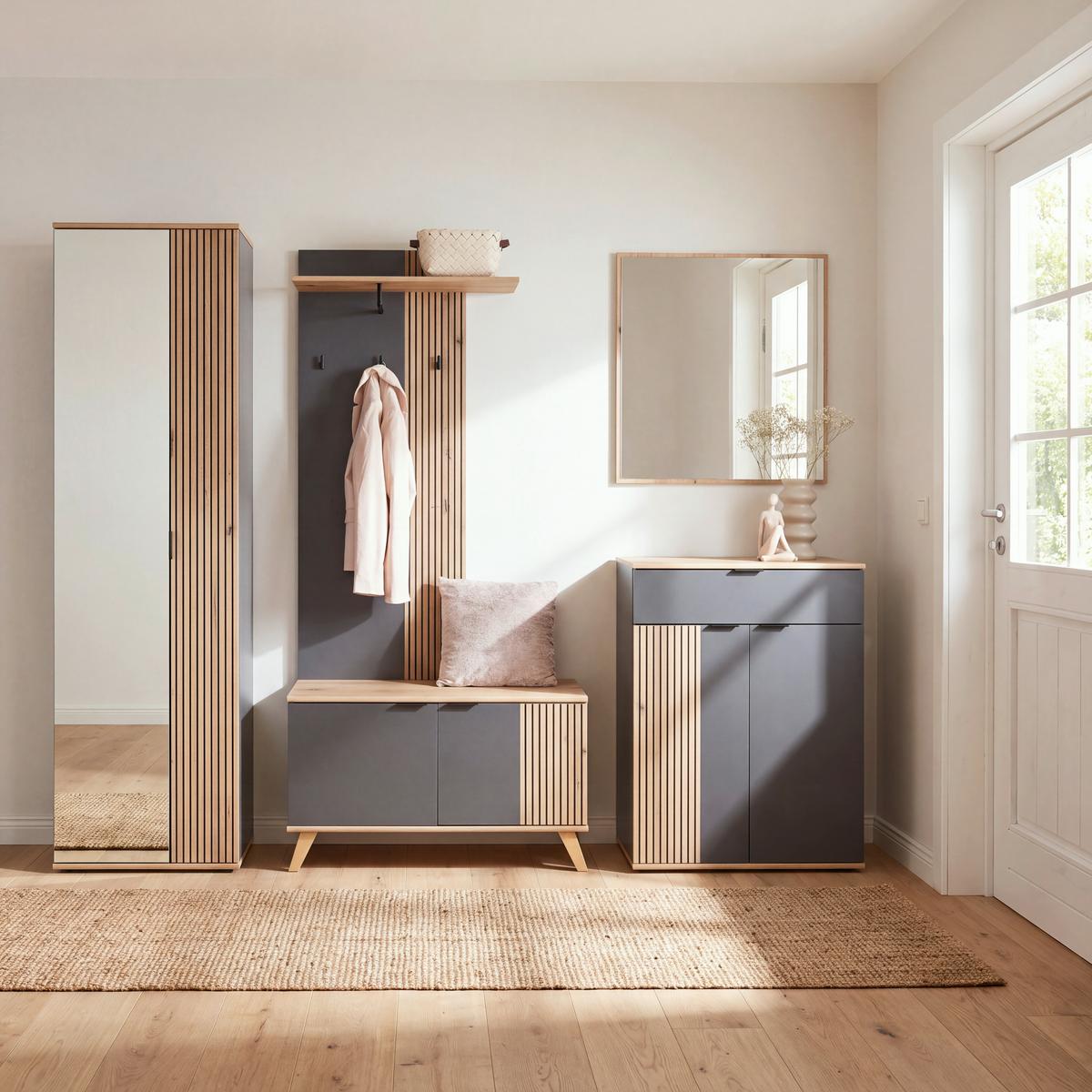 Garderobenschrank Clever Anthrazit B: 55,5 cm - Eichefarben/Anthrazit, MODERN, Glas/Holzwerkstoff (55,5/193/38cm)