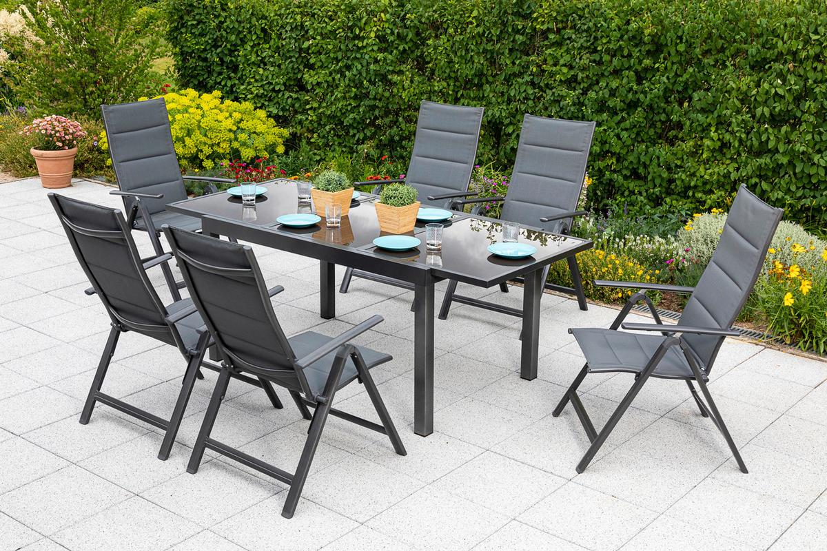 Gartentisch Ausziehbar Metall L 180 Cm - Graphitfarben/Braun, MODERN, Glas/Metall (180/100/75cm) - Gardenson