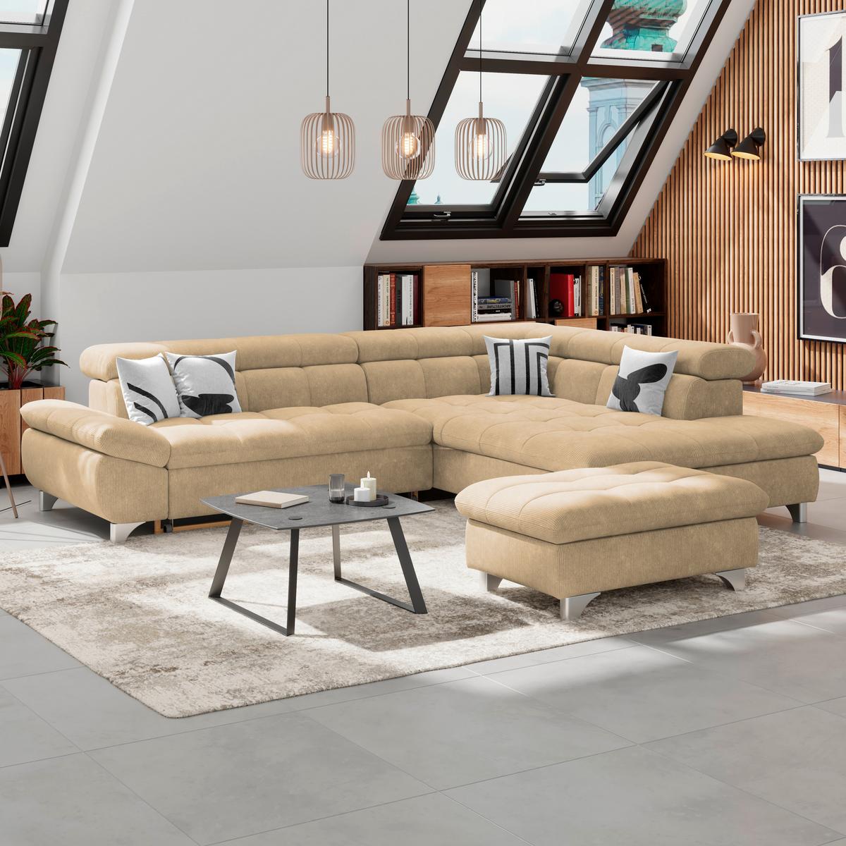 Ecksofa Gemini Sandfarben, B: 312cm - Sandfarben/Chromfarben, KONVENTIONELL, Textil (312/234cm)