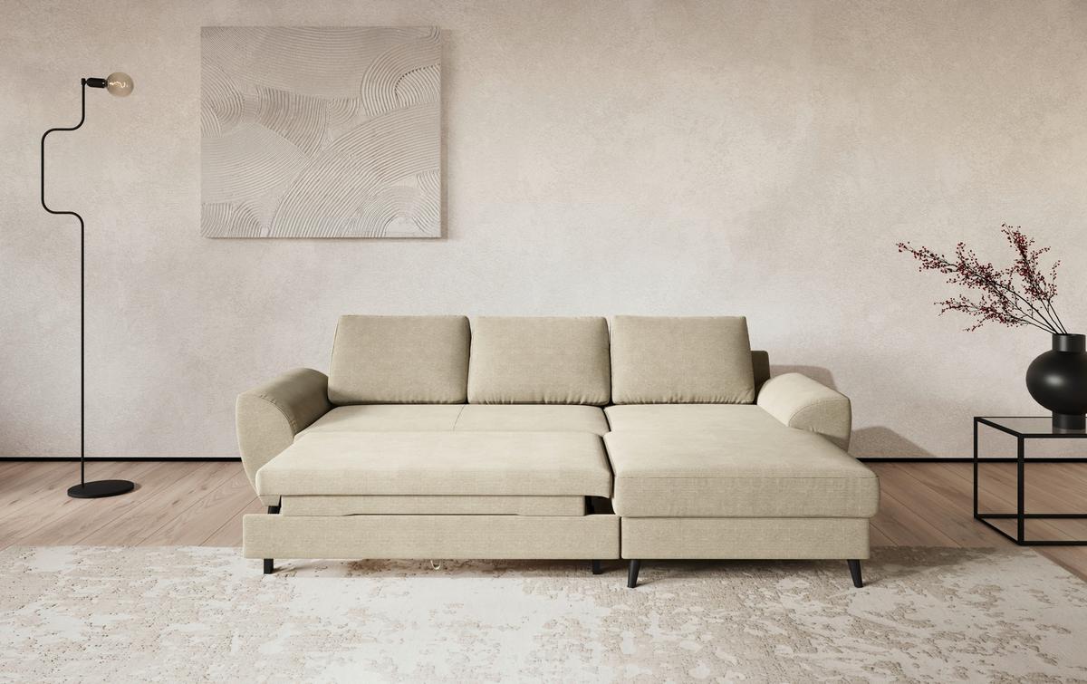 Ecksofa mit Bettfunktion Terra Cord beige, B: 255cm - Beige/Schwarz, Trend, Textil (255/154cm) - MID.YOU