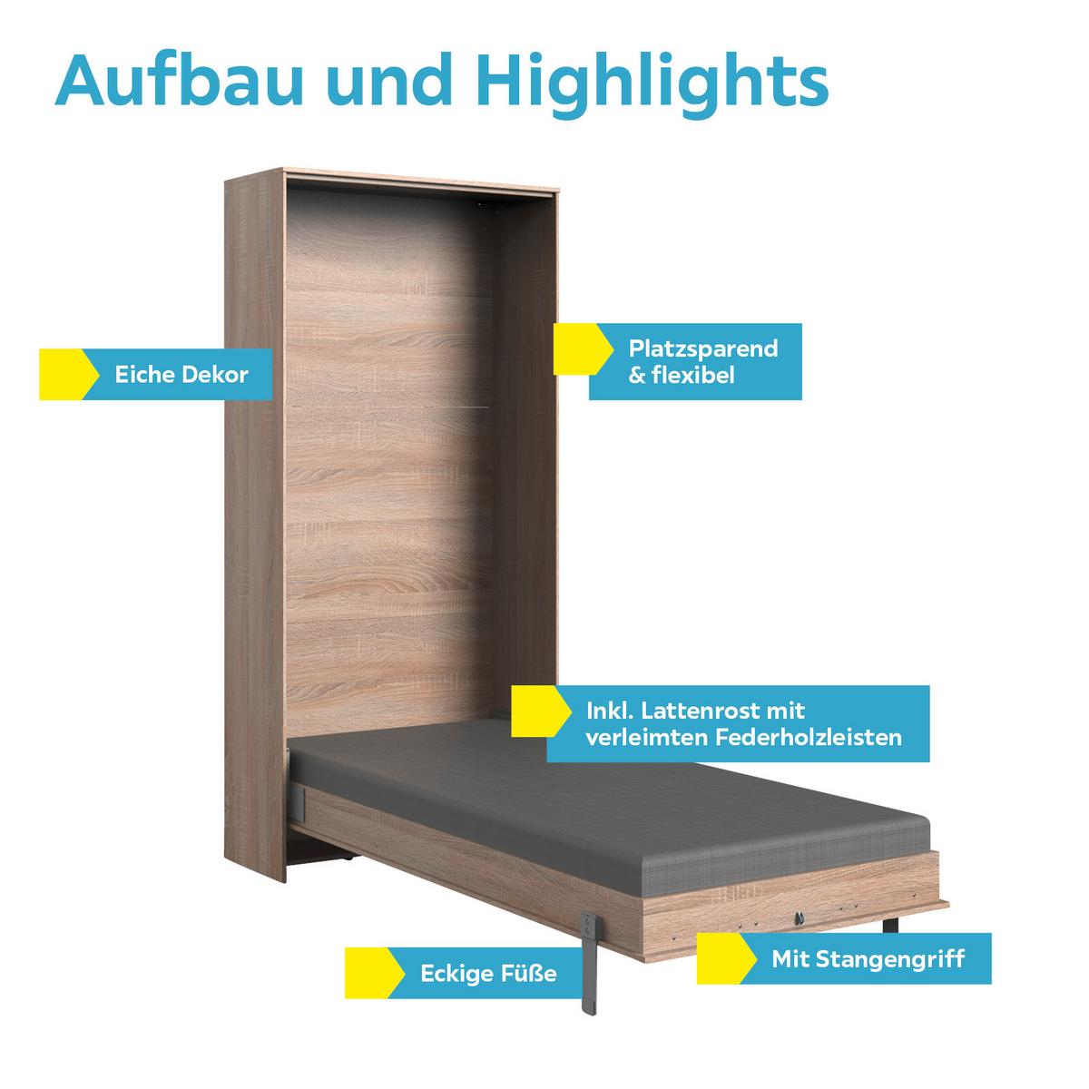 Schrankbett mit Lattenrost 90x200 Juist, Eiche Dekor - Eichefarben, KONVENTIONELL, Holz/Holzwerkstoff (90/200cm) - MID.YOU