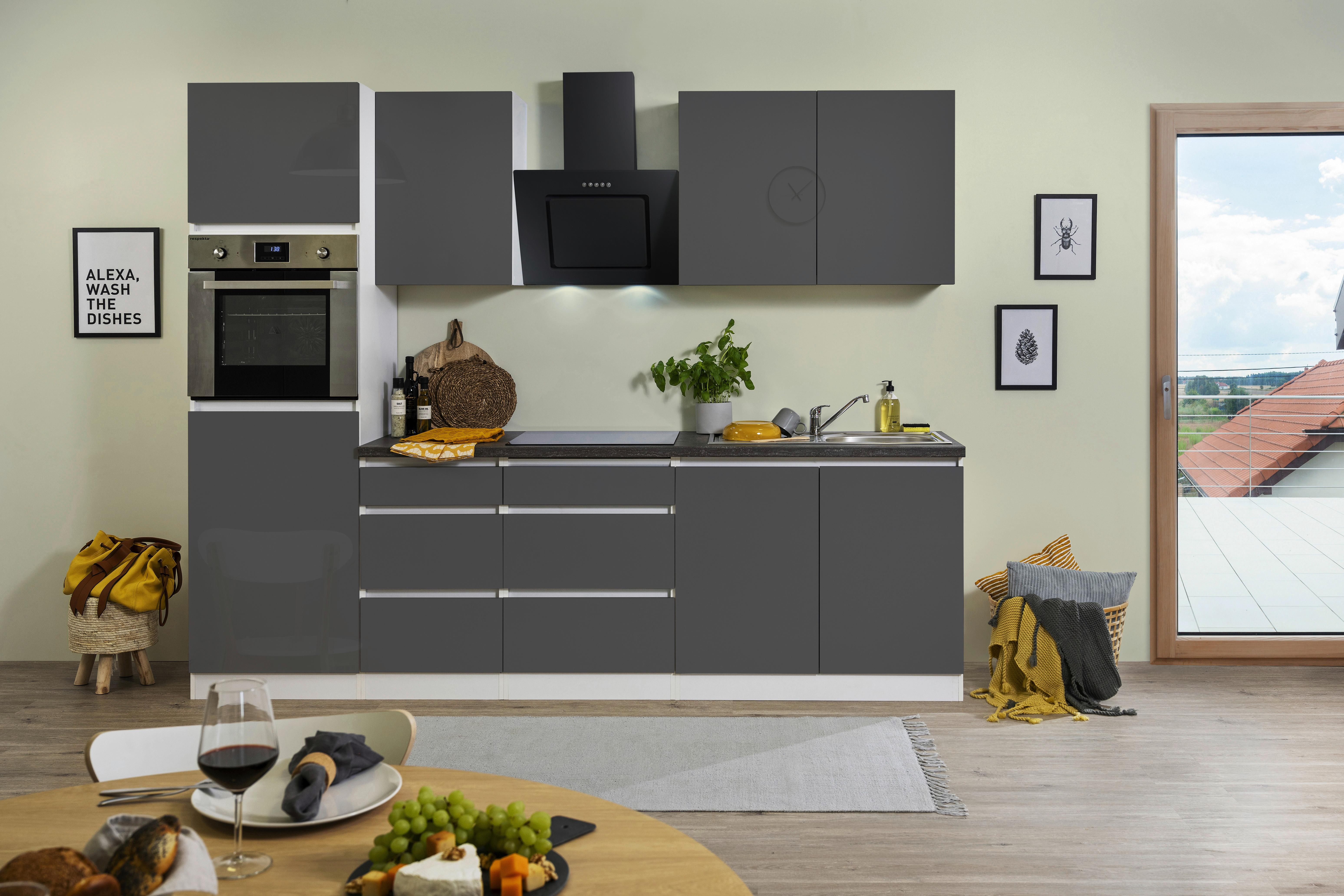 Küchenzeile Premium mit Geräten 270 cm Weiß/Grau Hochglanz - Weiß/Braun, MODERN, Holzwerkstoff (270cm) - Respekta