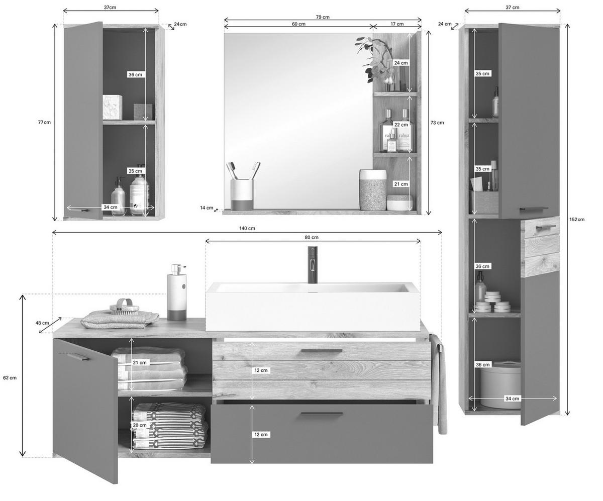Badezimmer Mason Eiche Dekor Grau - Eichefarben/Weiß Hochglanz, MODERN, Glas/Keramik (177cm) - MID.YOU