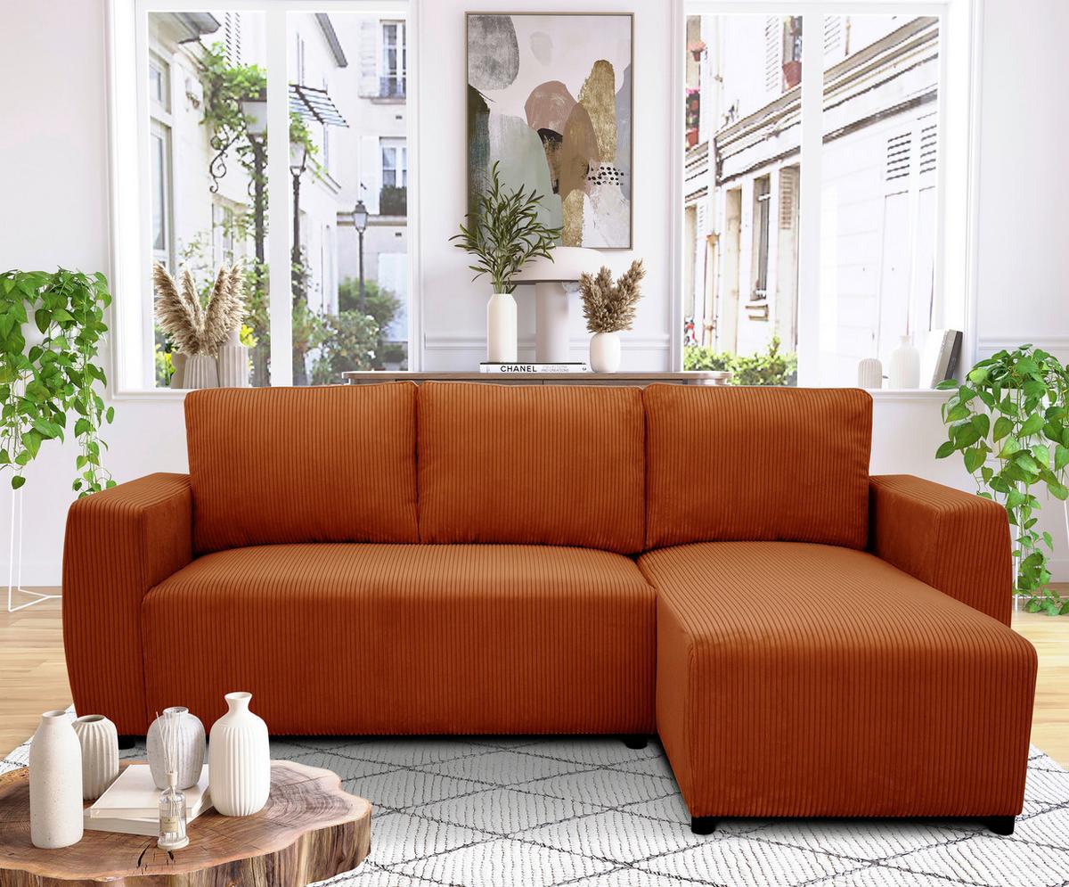 Eckschlafsofa mit Bettkasten Pharell, terracotta, 230x155cm - Terracotta/Schwarz, KONVENTIONELL, Holz/Holzwerkstoff (230/155cm)