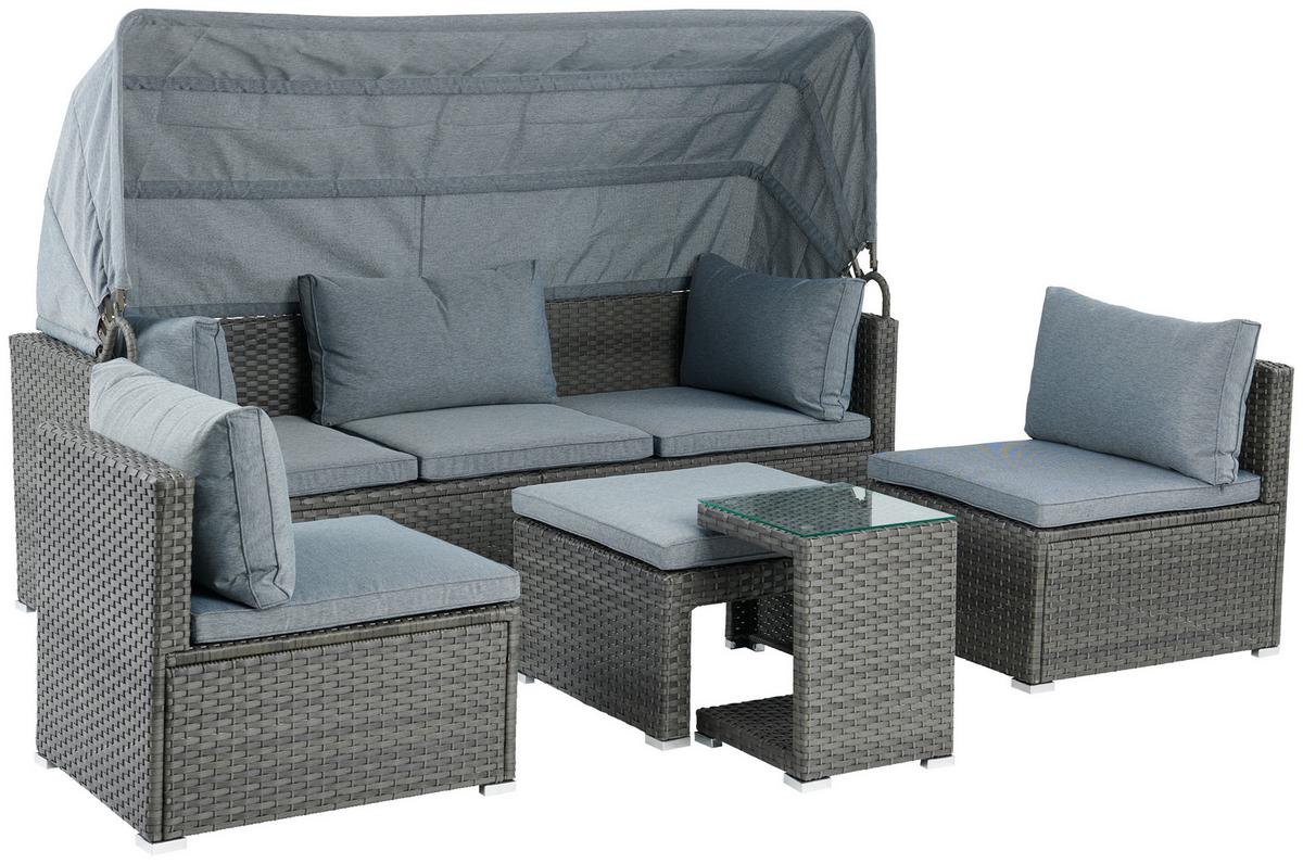 Loungegarnitur 5-Tlg. Almeria, Polyrattan/Textil mit Kissen - Grau, MODERN, Glas/Kunststoff
