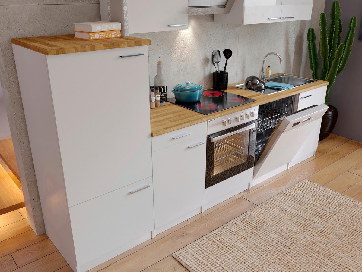 Küchenzeile Economy mit Geräten 280 cm Weiß/Nussbaum Dekor - Nussbaumfarben/Weiß, Basics, Holzwerkstoff (280cm) - Respekta
