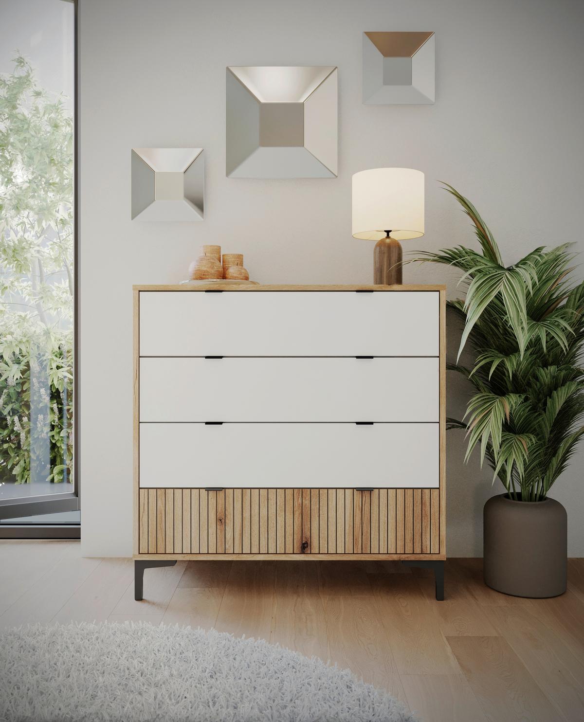 Kommode Ricko Eichefarben/weiß B: 91,5 Cm - Eichefarben/Schwarz, Trend, Holzwerkstoff (91,5/92,4/40cm)